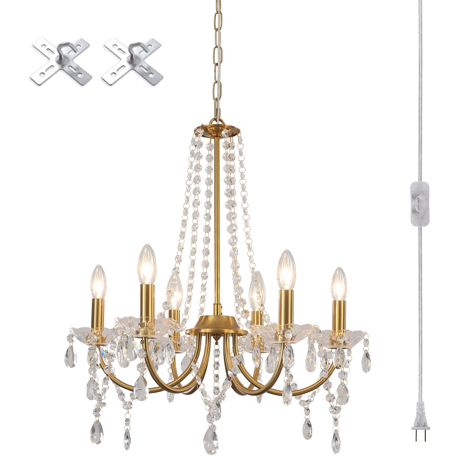 Meijia Plug In Crystal Gold Chandeliers Lighting Fixture 6 Light Modern Crystal Chandelier With 15.75Feets Plug In Cord Gold Mini Plug In Chandelier For Dining Room Bedroom Entryway Bathroom Closet