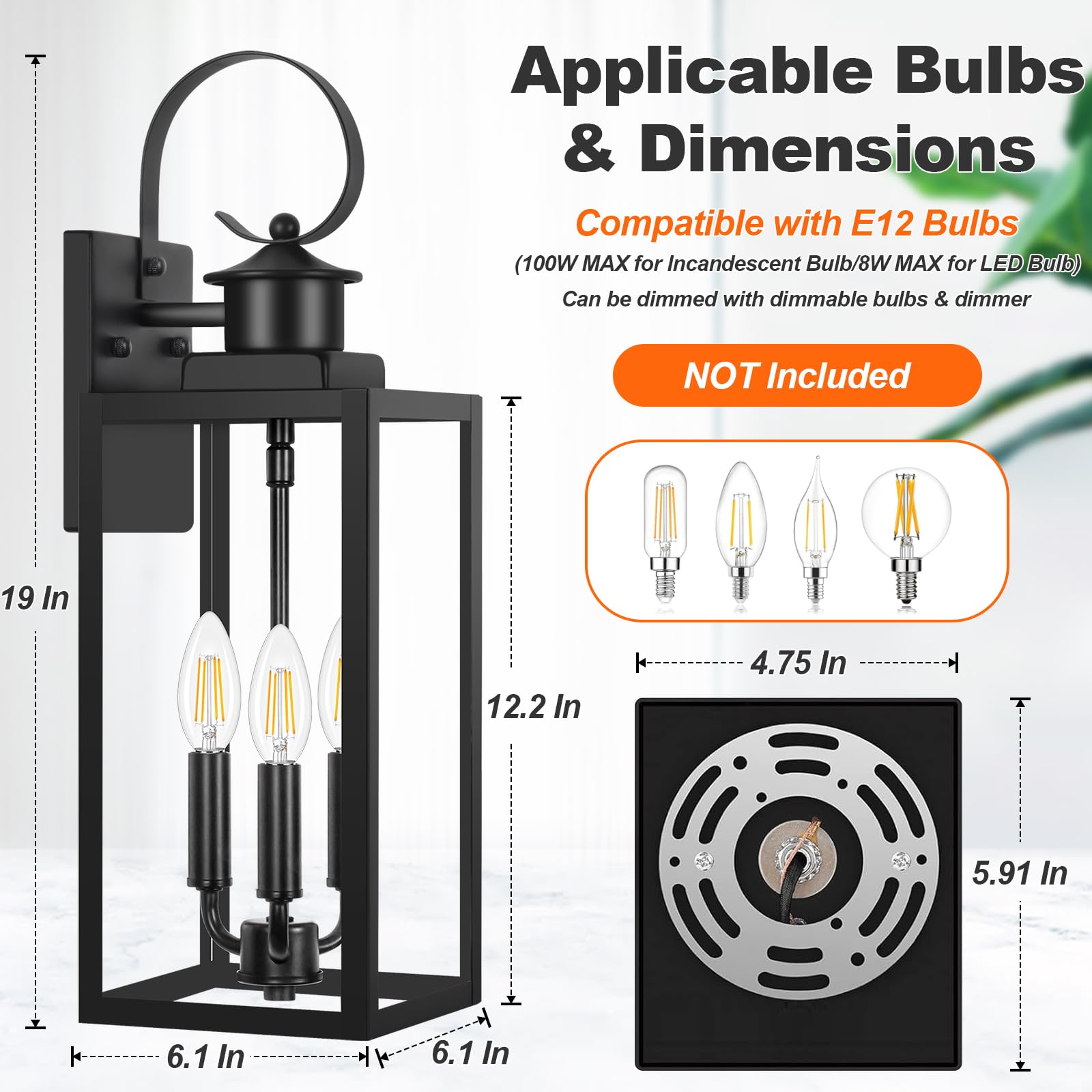Outdoor Wall Light Fixture, 3-Light 19    Large Waterproof Outside Wall Mounted Sconce Light Fixture With Clear Glass Shade, Bla