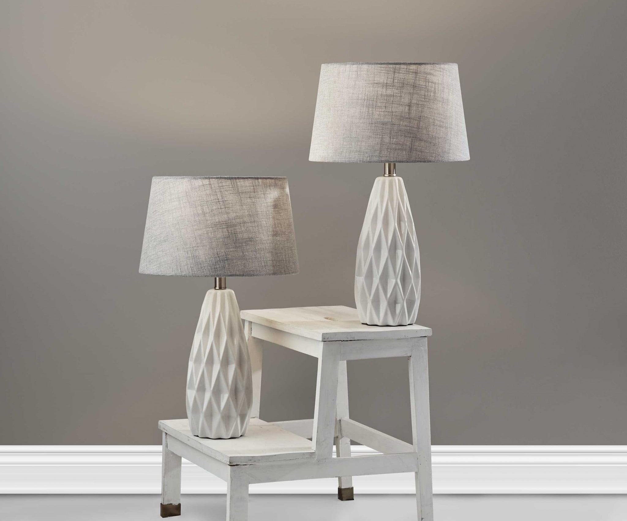 HomeRoots Table Lamp Set of 2, White Ceramic Geometric Base Design