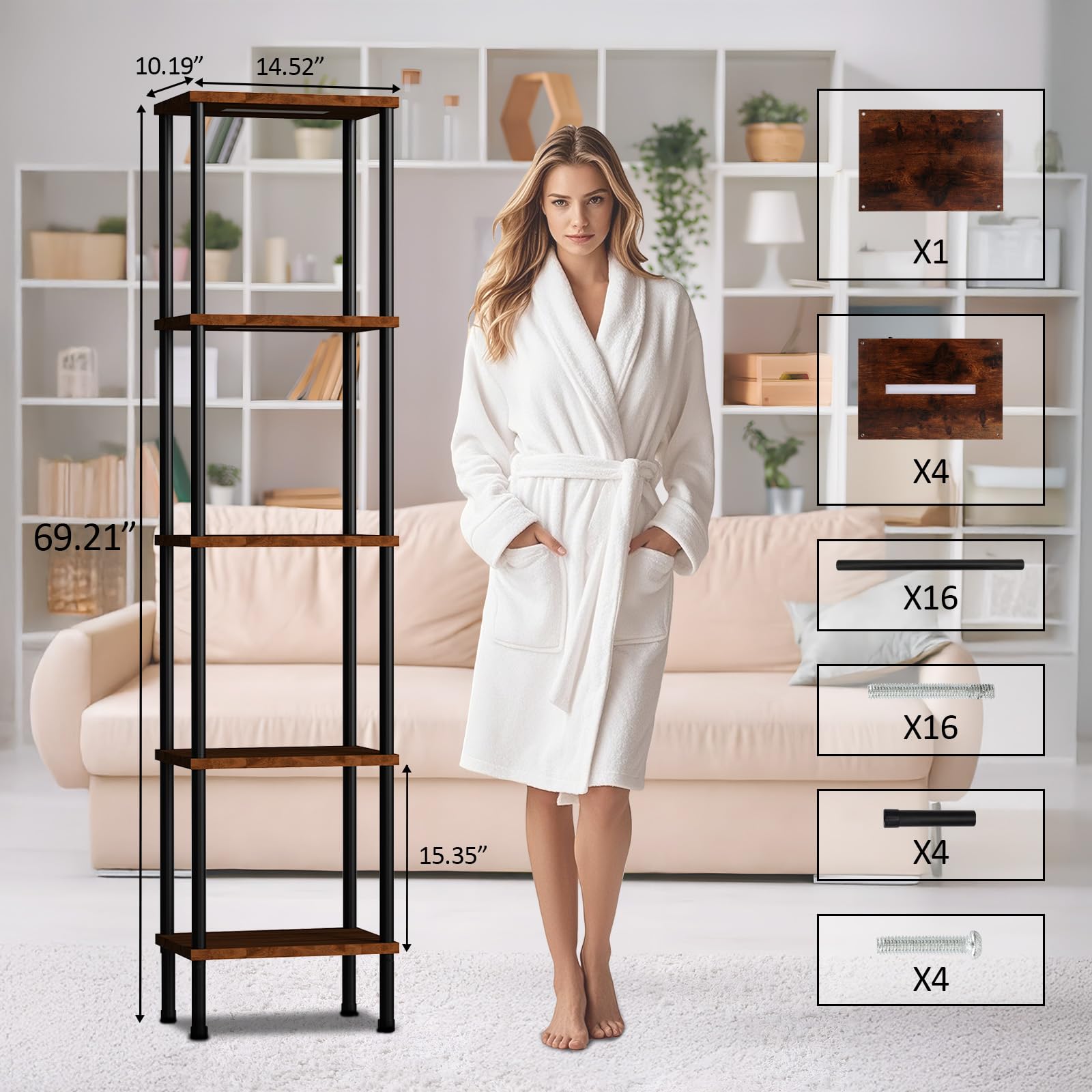 Caupel 5-Tier Display Corner Shelf With Dimmable Lights, 69.21 Inch Tall Bookshelf Storage Rack, Floor Lamp Display Shelves For