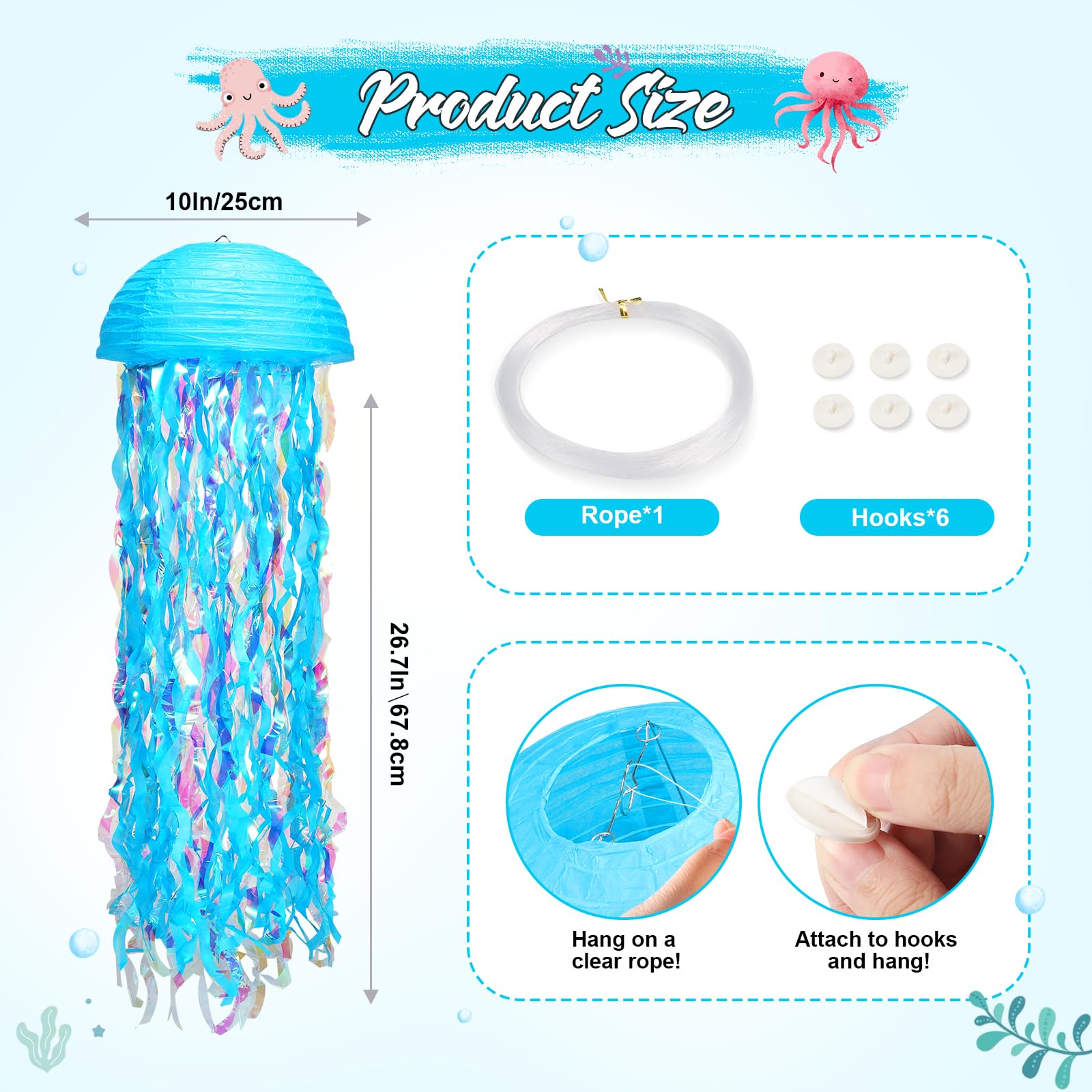 Pink Blue Purple Jellyfish Paper Lanterns, Under The Sea Party Decorations With Hooks+Rope, Hanging Jellyfish Paper Lanterns For
