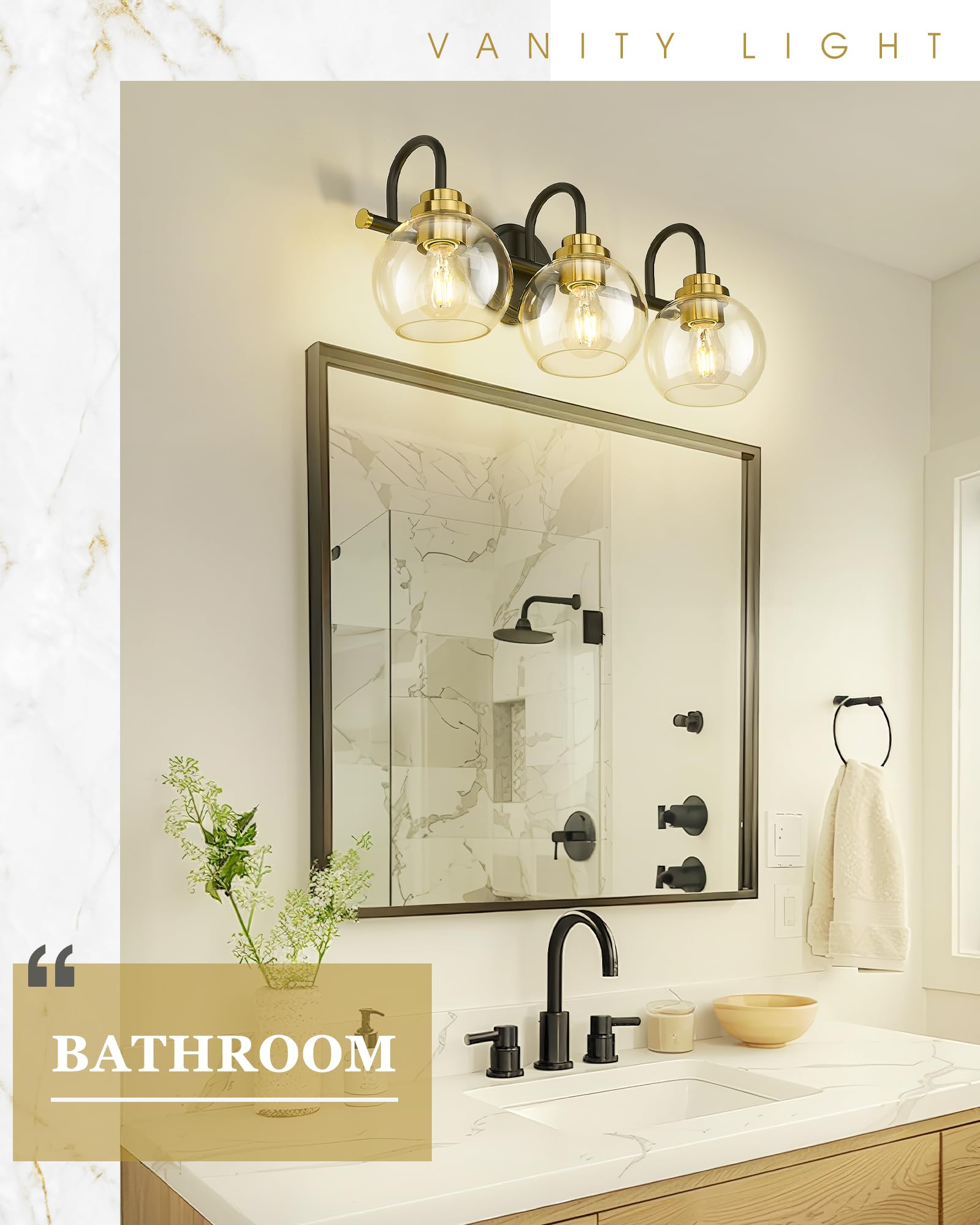 Audickic Bathroom Light Fixtures  3-Light Black And Gold Vanity Lights With Globe Clear Glass  Modern Vanity Lighting Fixtures Over Mirror  Ad-22280-3W-Kg