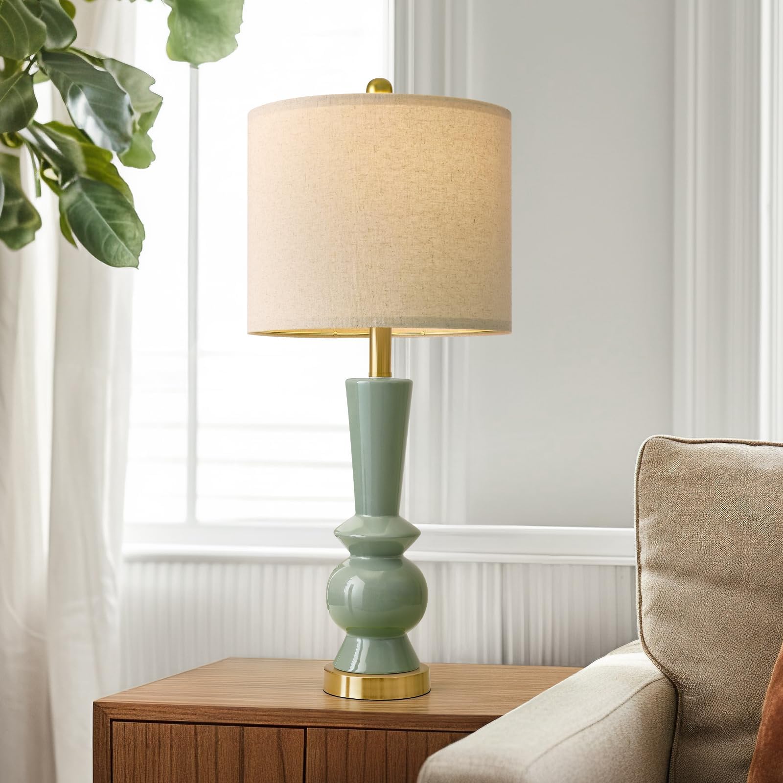 PORTRES 27" Modern Ceramic Table Lamp Set of 2, Green & Gold, Ideal for Living Room, Bedroom Nightstand, Model AMZ-T1216