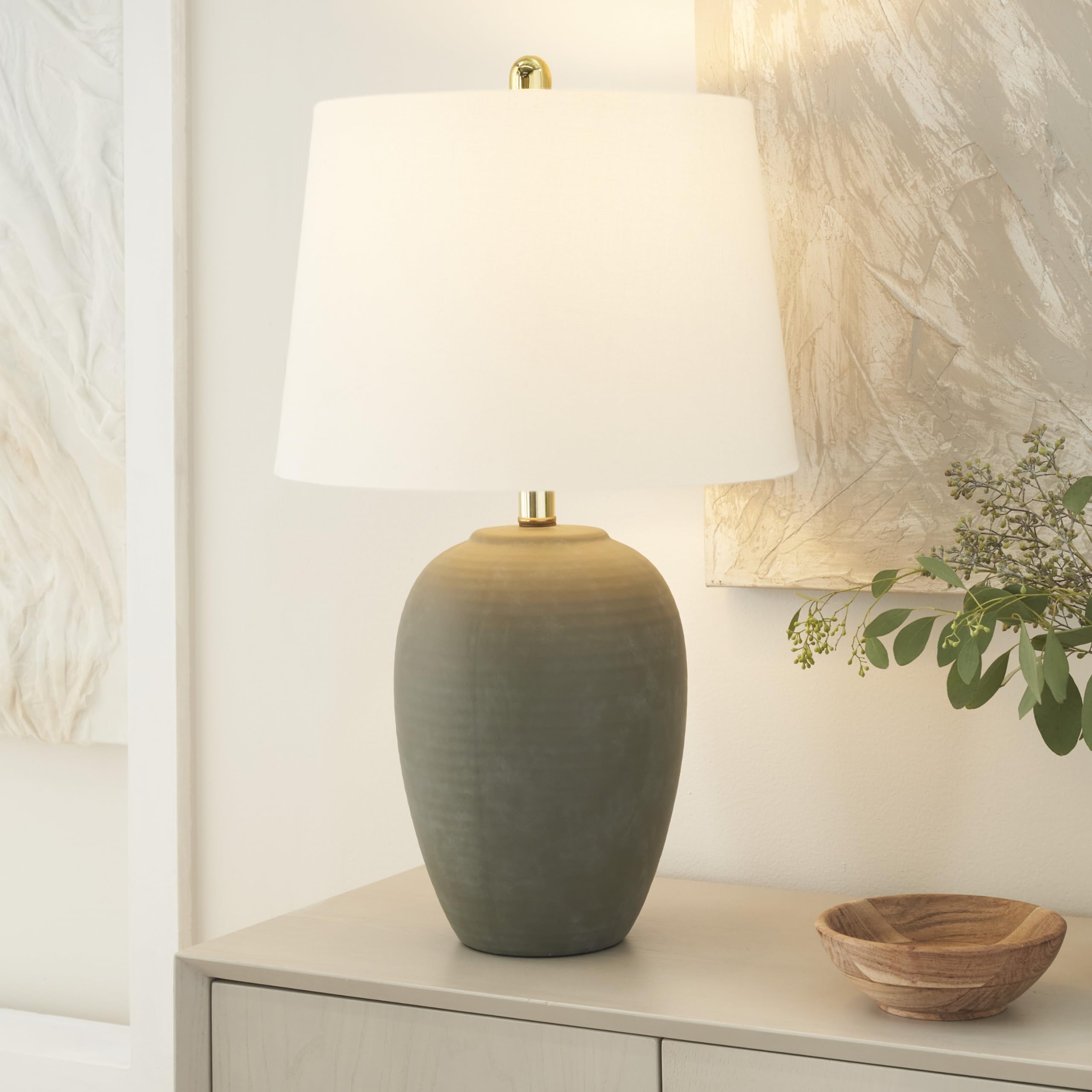 Nourison 23" Olive Green Ceramic Pot Table Lamp with White Shade - Vintage Green, Model BIT05 for Bedroom, Living Room, Office