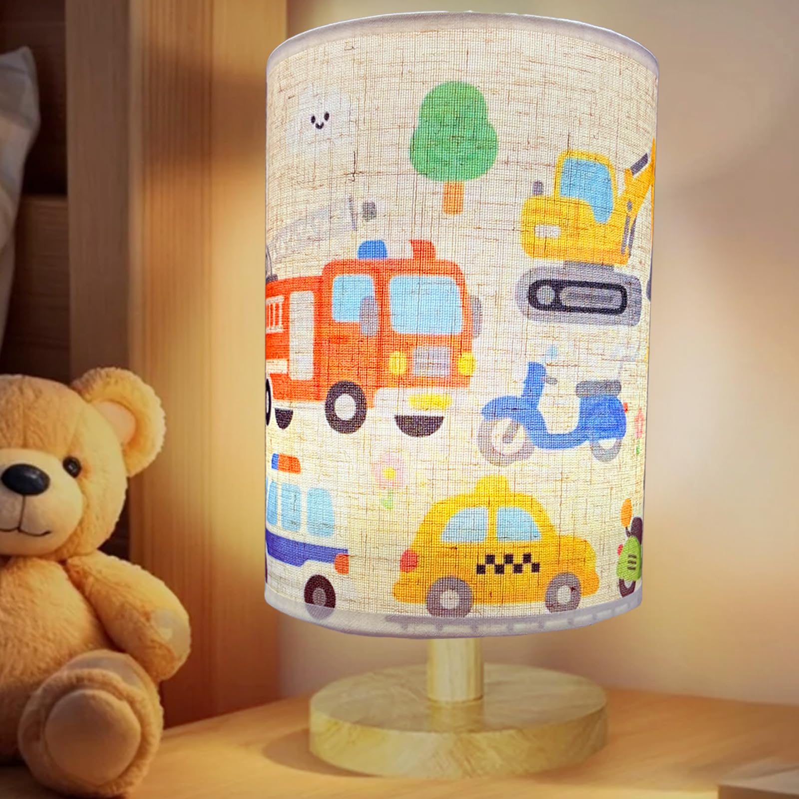 Kids Lamps for Bedrooms Boys  Car Lamp 3 Level Dimmable Wood Nightstand Desk Base Flaxen Fabric Shade for Bedroom Living Room Car Gifts for Boys (car)