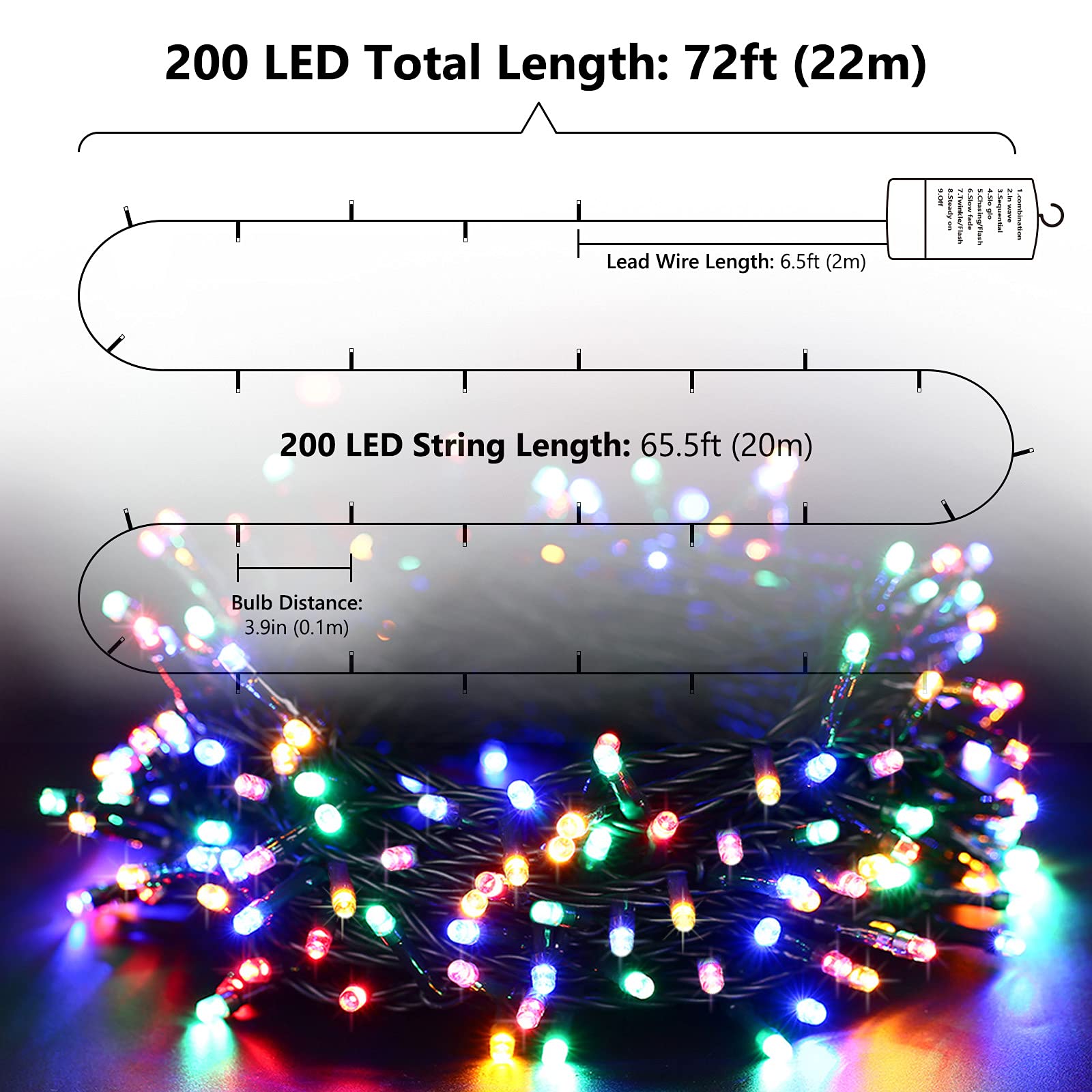 Flacchi 66 ft Multi-Color Christmas Lights, 200 LED Battery Operated, Waterproof, 8 Modes, Auto Timer for Indoor/Outdoor Holiday Decor