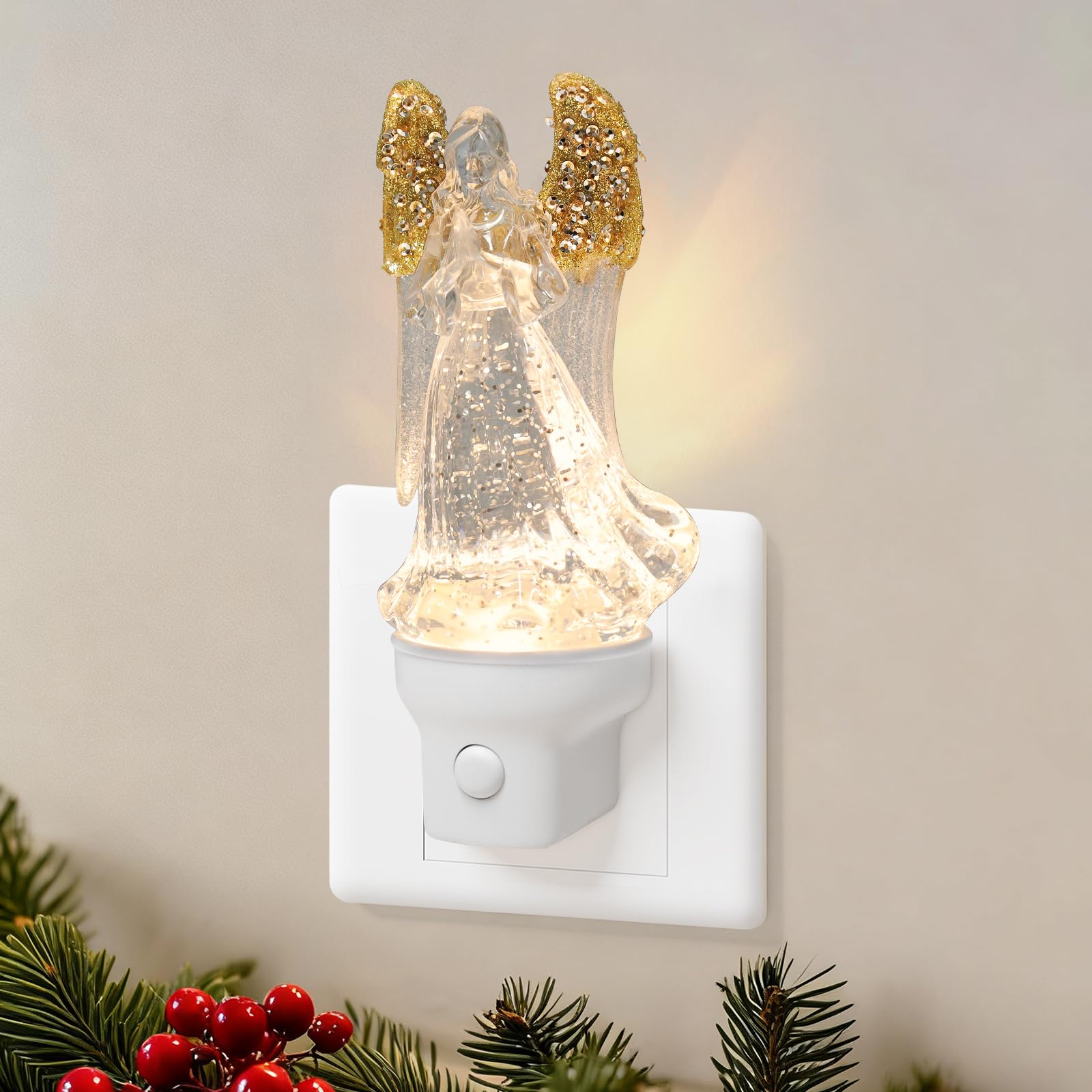 Xanqinluma Christmas Angel Night Light Plug into Wall Glitter Water Nightlight with USB/Outlet Options  Christmas Decorative Nightlight for Bedroom Kitchen Nursery Holiday Decorations Gifts (Angel)