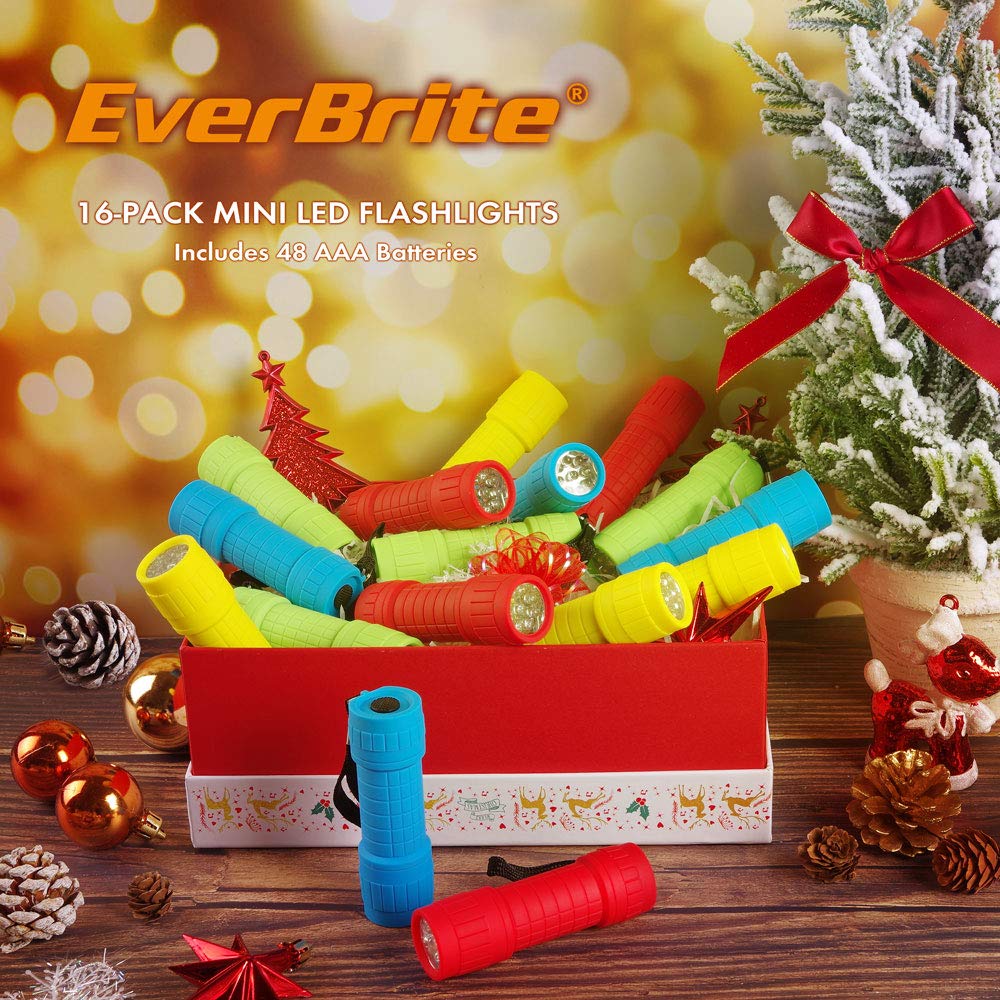EverBrite Mini LED Flashlight Set - 16-Pack, Assorted Colors (Red, Blue, Green, Yellow), Includes 48 AAA Batteries