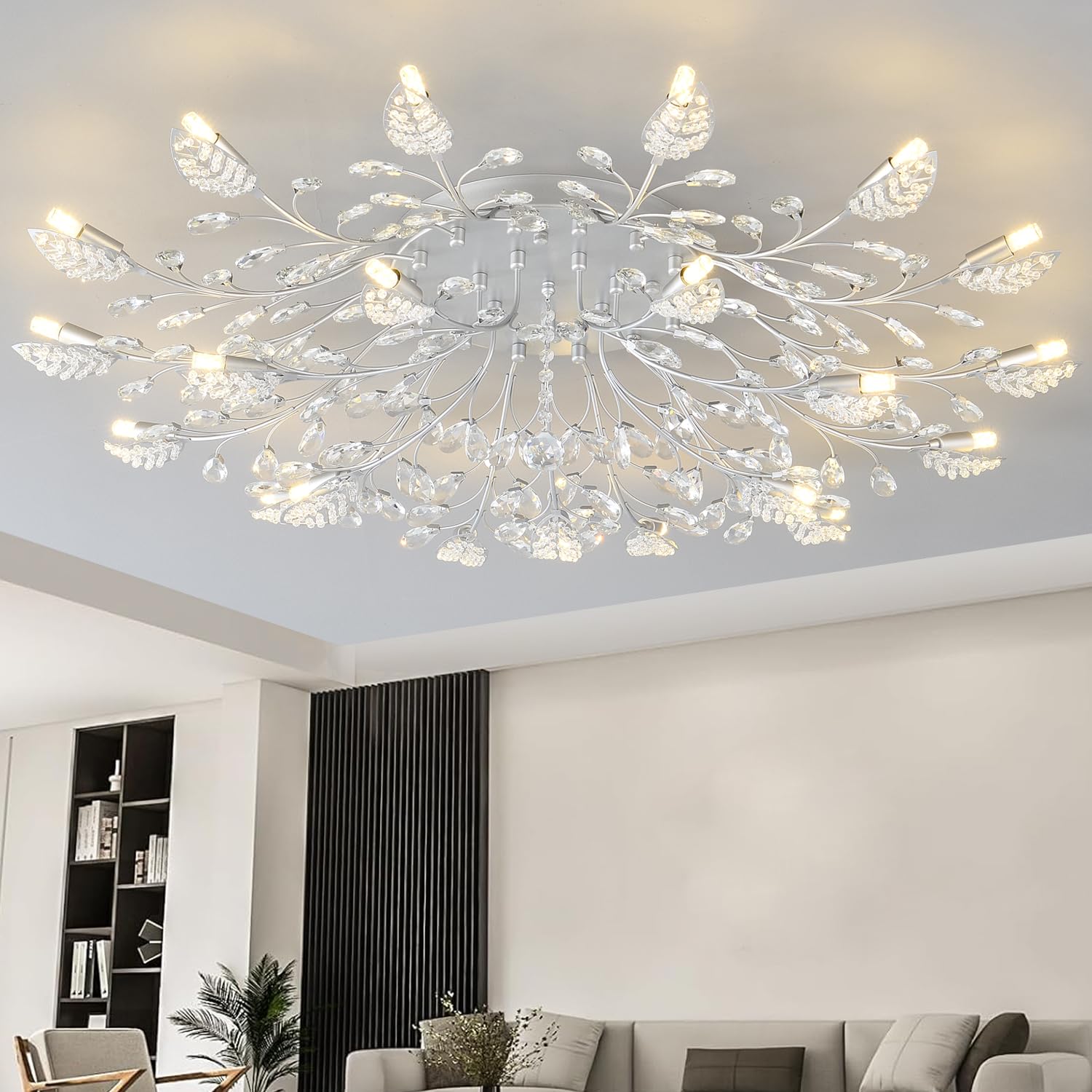 Modern Crystal Ceiling Light Fixture,Semi Flush Mount Chandeliers,Crystal Leaf Ceiling Light,Silvery Chandeliers For Dining Room