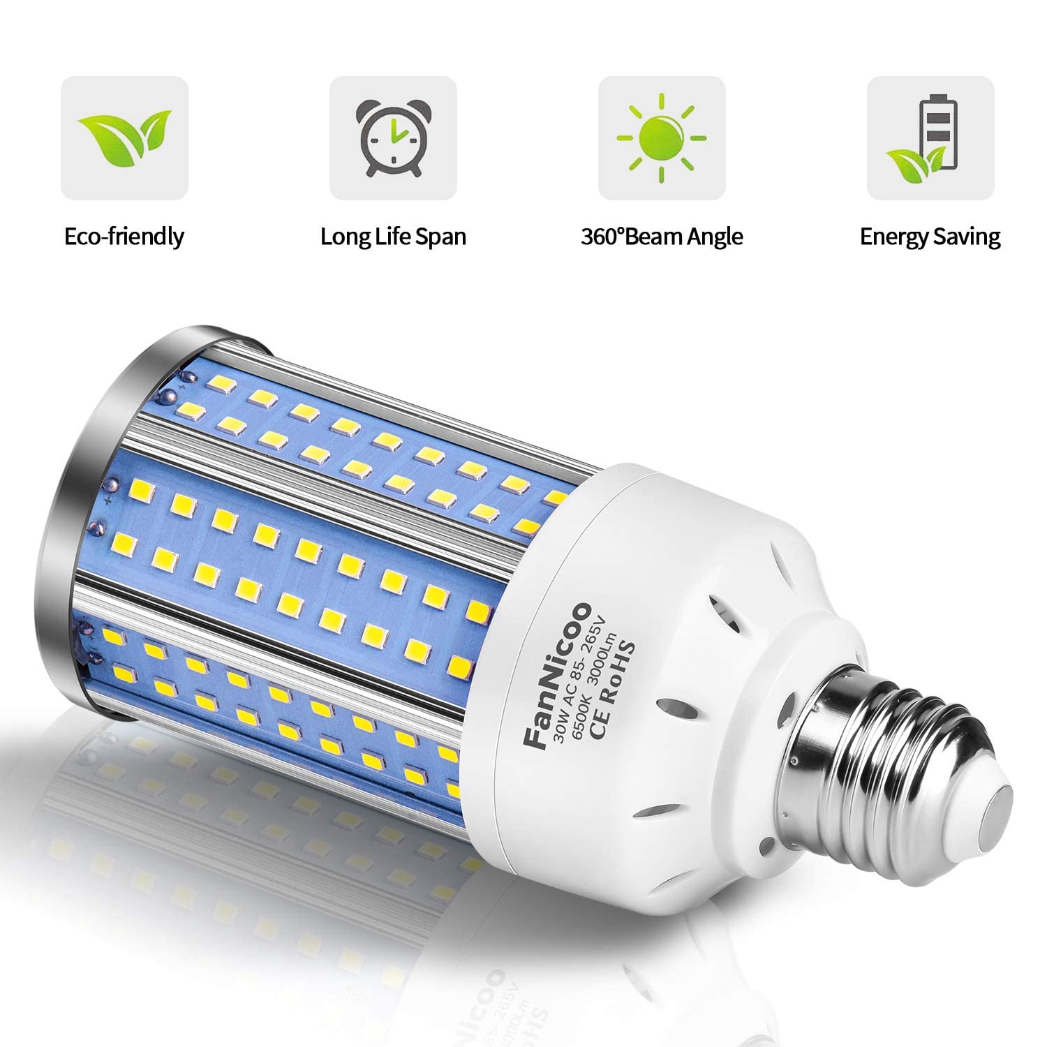 FanNicoo 2-Pack 30W LED Corn Light Bulb - 3000 Lumen, 6500K Cool White, E26/E27 Base, Ideal for Indoor/Outdoor Use