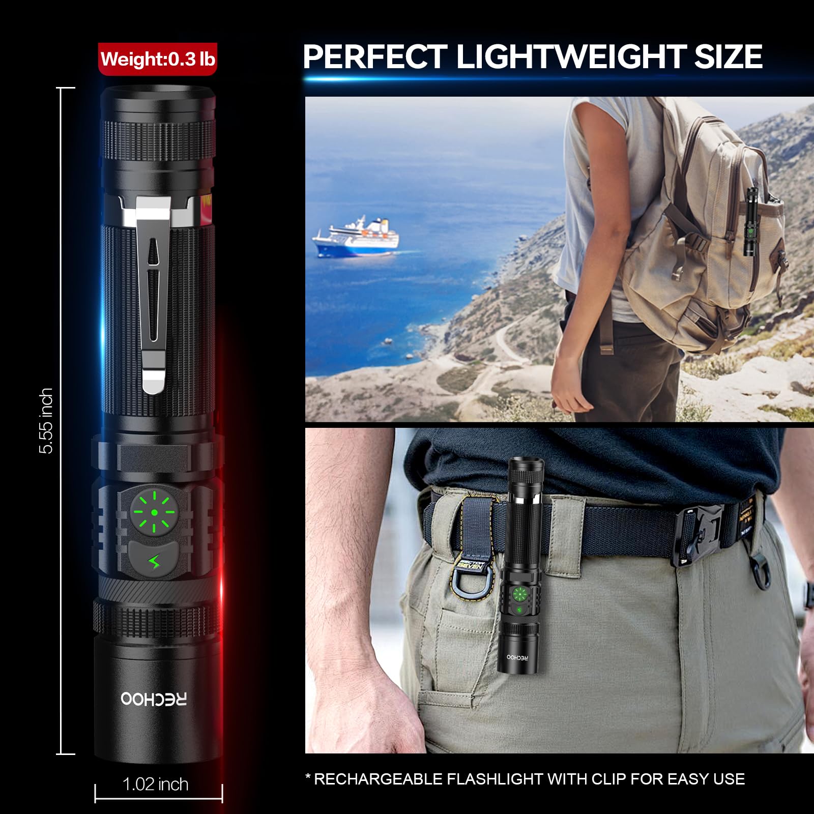 RECHOO Rechargeable Flashlights 2-Pack, S3000L LED Tactical Lights, 5 Modes, Zoomable, IP65 Waterproof, Black Aluminum