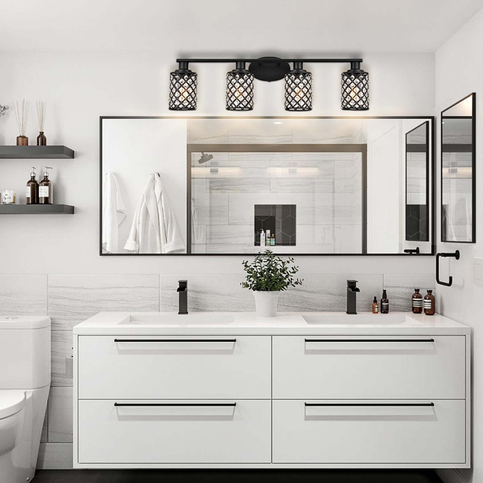 Niloah 4 Light Black Bathroom Light Fixtures, Modern Farmhouse Vanity Light, Bathroom Lights Over Mirror,Crystal Vanity Lighting Fixtures For Bathroom,Powder Room