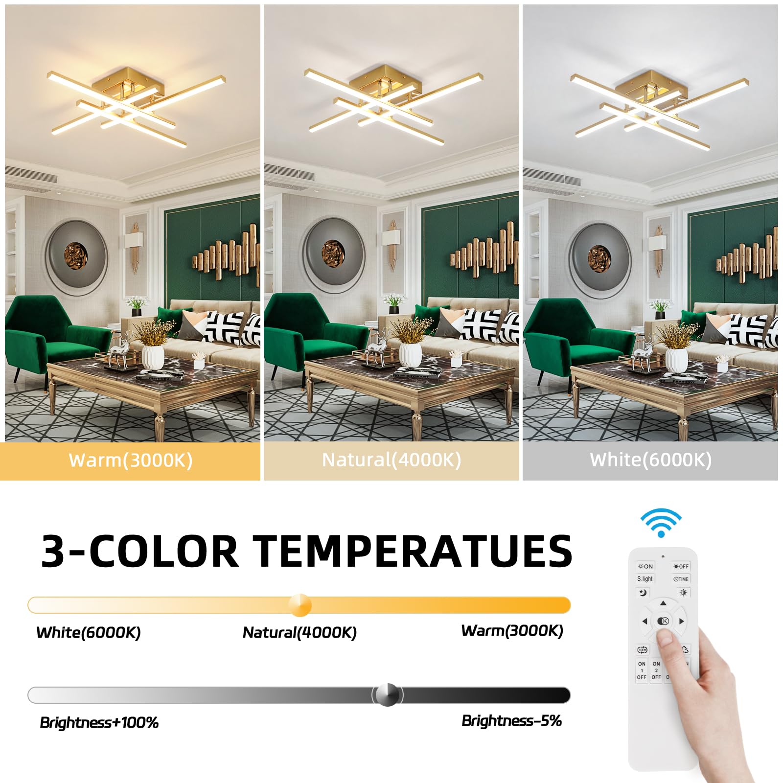 Caneoe Modern Ceiling Light Fixture, Gold Dimmable Close To Ceiling Light With Remote Control,Sputnik Flush Mount Ceiling Lamp F