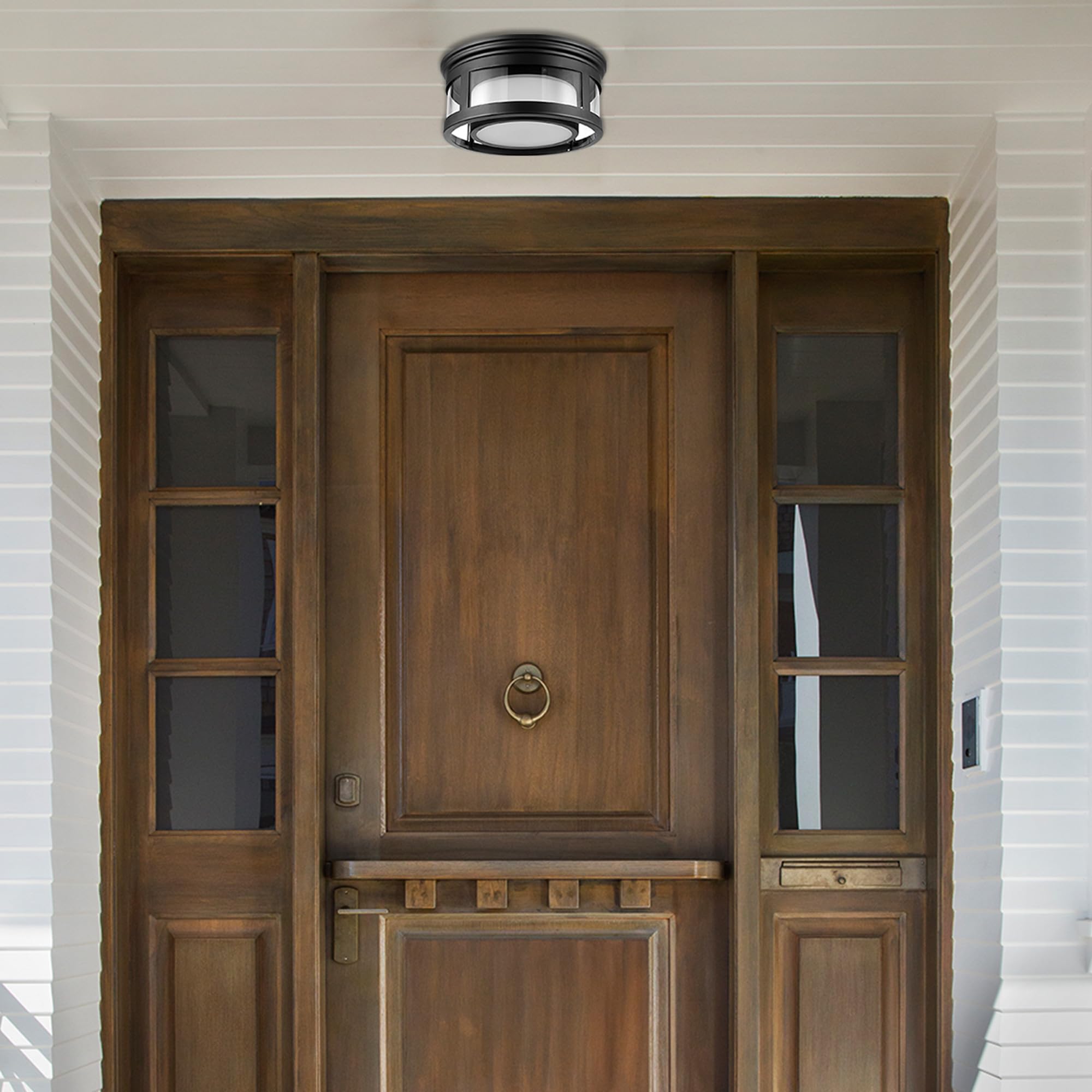 Globe Electric Brisbane 1-Light Flush Mount Ceiling Light, Matte Black, Frosted Glass Shade, Model 44480