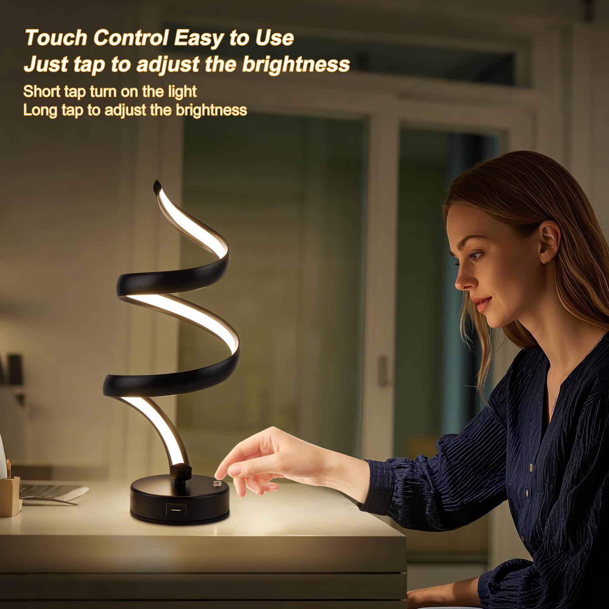 Adebime Spiral Led Lamp - Touch-Controlled Dimmable Table Light, Warm White For Bedrooms, Living Rooms, And Offices, Black