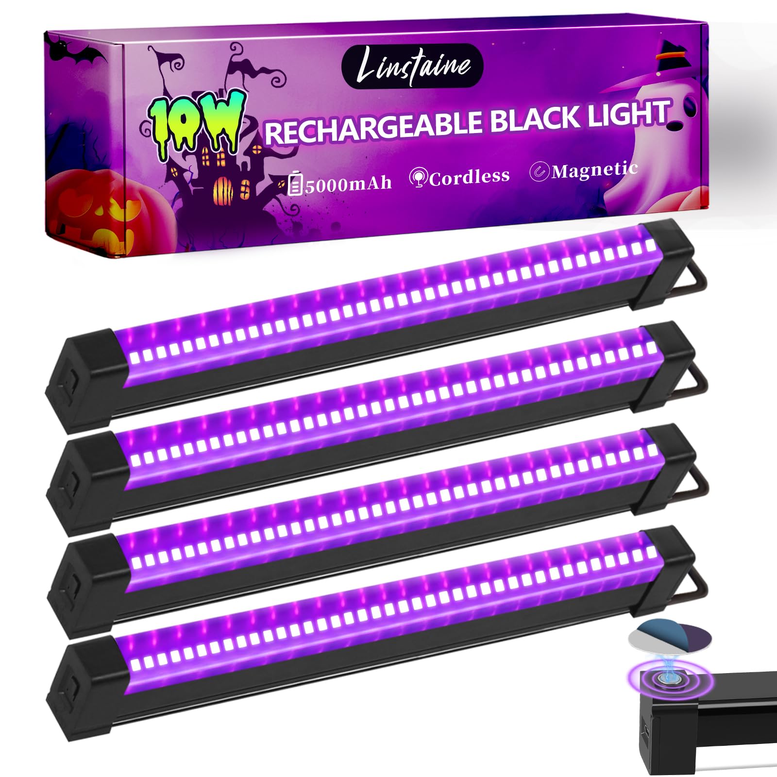 4 Pack Rechargeable Black Light Bar  5000mAh Large Capacity Battery Powered Black Lights for Glow Party  Portable Blacklight Party Supplies for Uranium Glass  Fluorescent Poster  Bedroom  Halloween