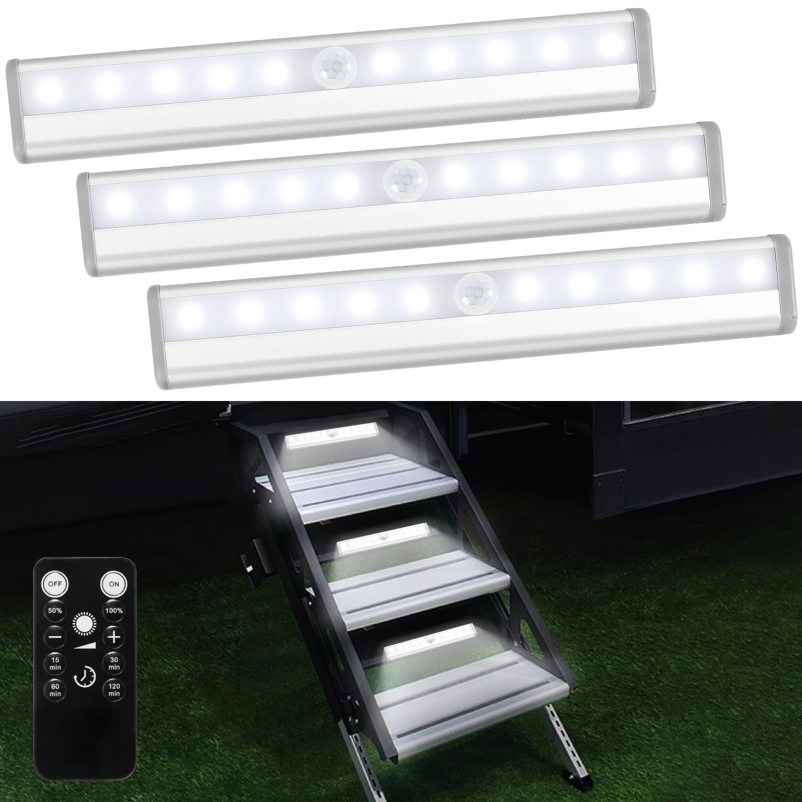 Fymblin RV Step Lights, 10 LED Battery Operated, Remote Control, 7.5in, Aluminum, White Light, Model RV-03, 3 Pack