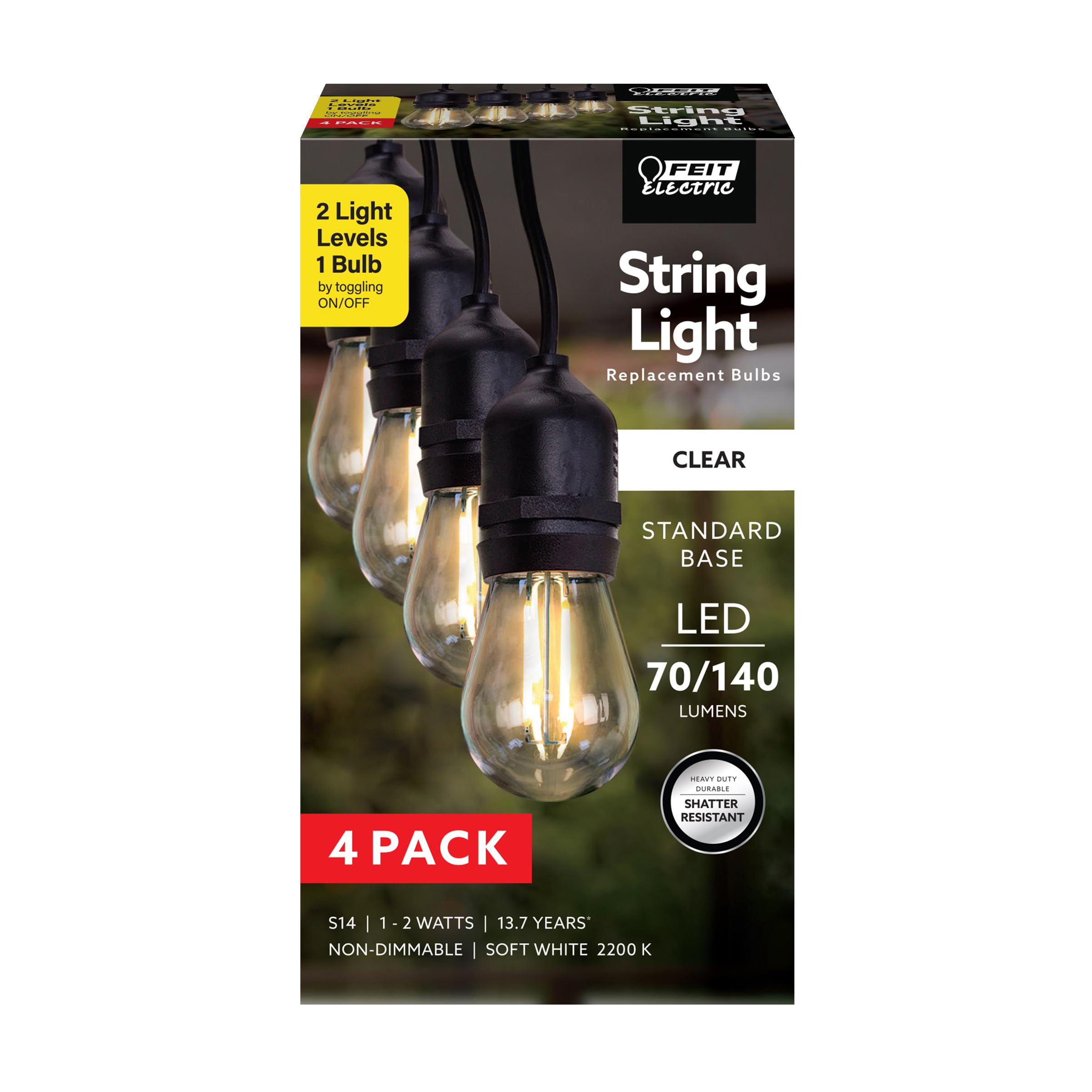 Feit Electric S14 LED Exposed Filament Light Bulbs, Soft White 2200K, Switch-Selectable 70/140 Lumens, Decorative String Light R