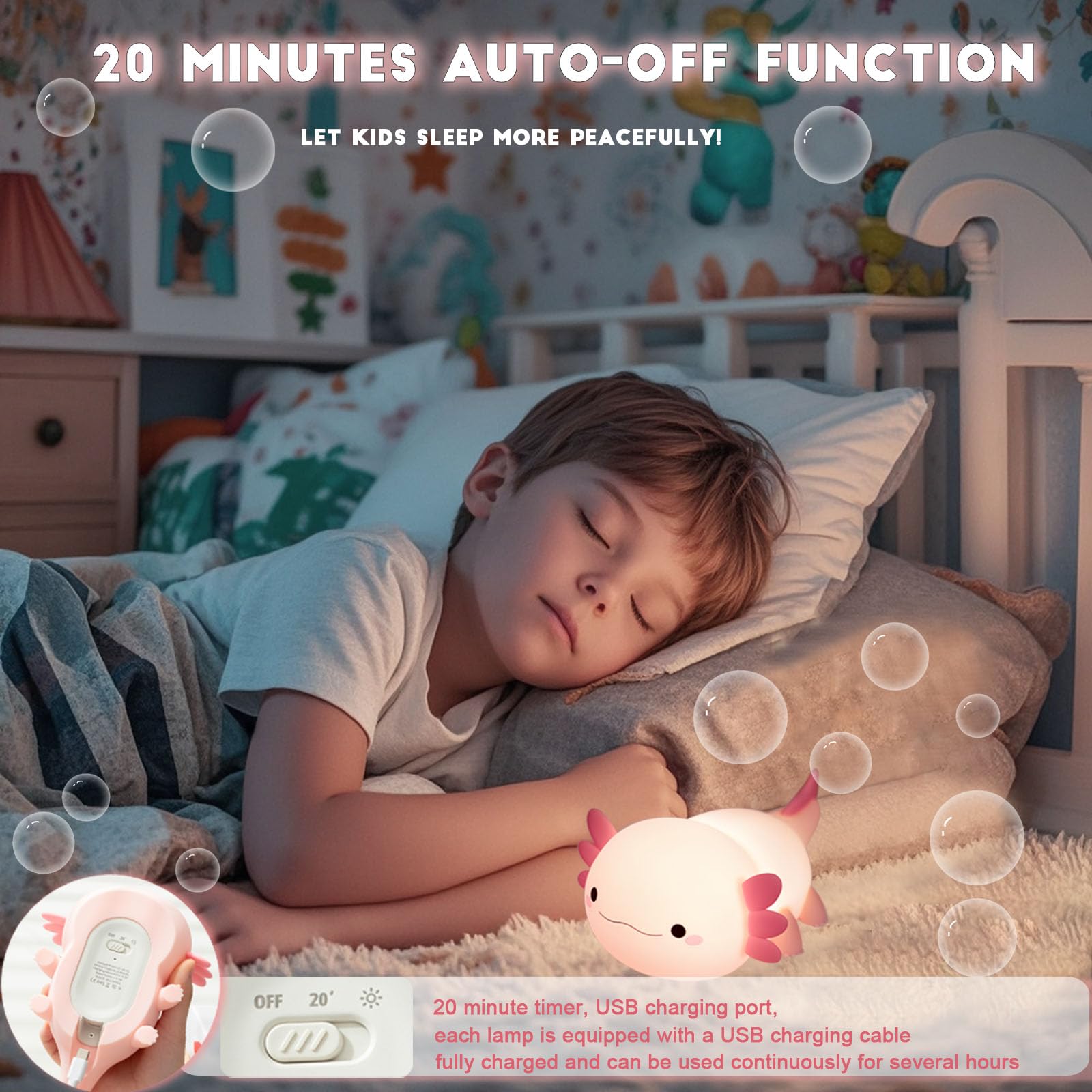 Happybag Axolotl Night Light,Cute Axolotl Lamp Gifts For Kids,Dimmable Silicone Animal Nursery Night Light,Kawaii Rechargeable B