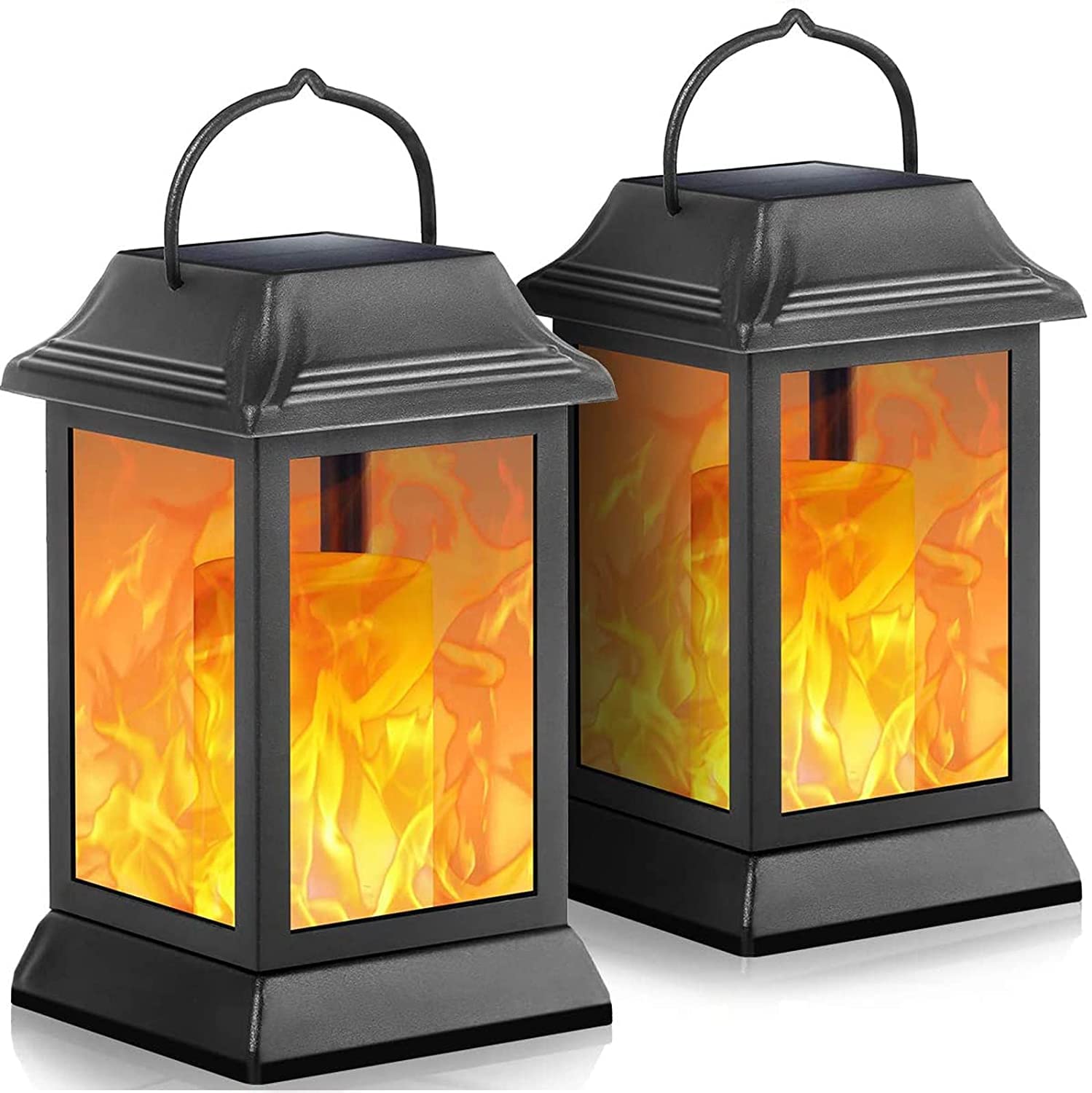 Tomcare Solar Lights Metal Flickering Flame Lanterns, Waterproof Outdoor Hanging Decor, 2 Pack, Black, Model Sz-19003