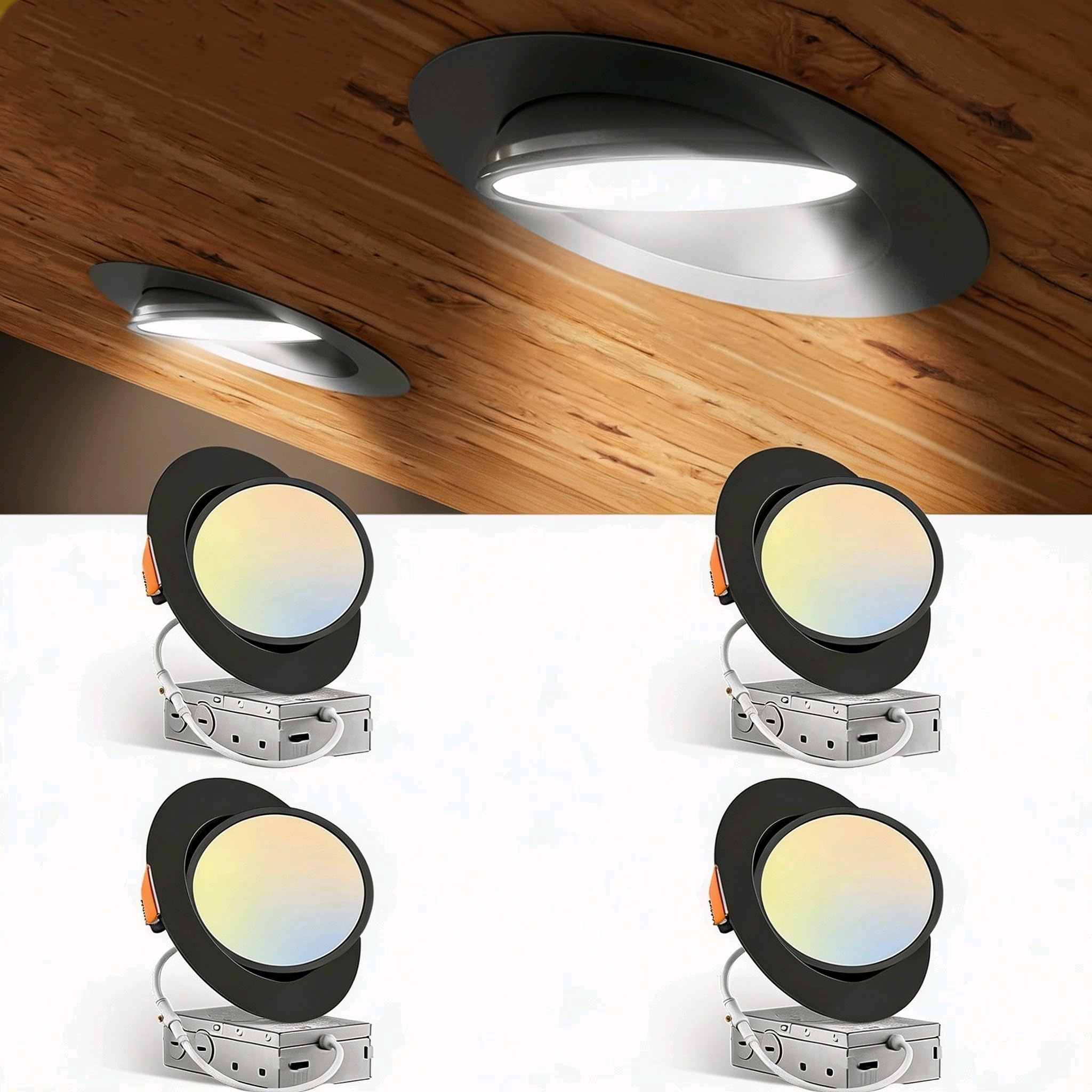 Amico 4 Pack 6 Inch 5CCT Gimbal LED Recessed Lighting, 360&90 Adjustable Eyeball Directional Downlight, Dimmable, 2700K/3000K/35