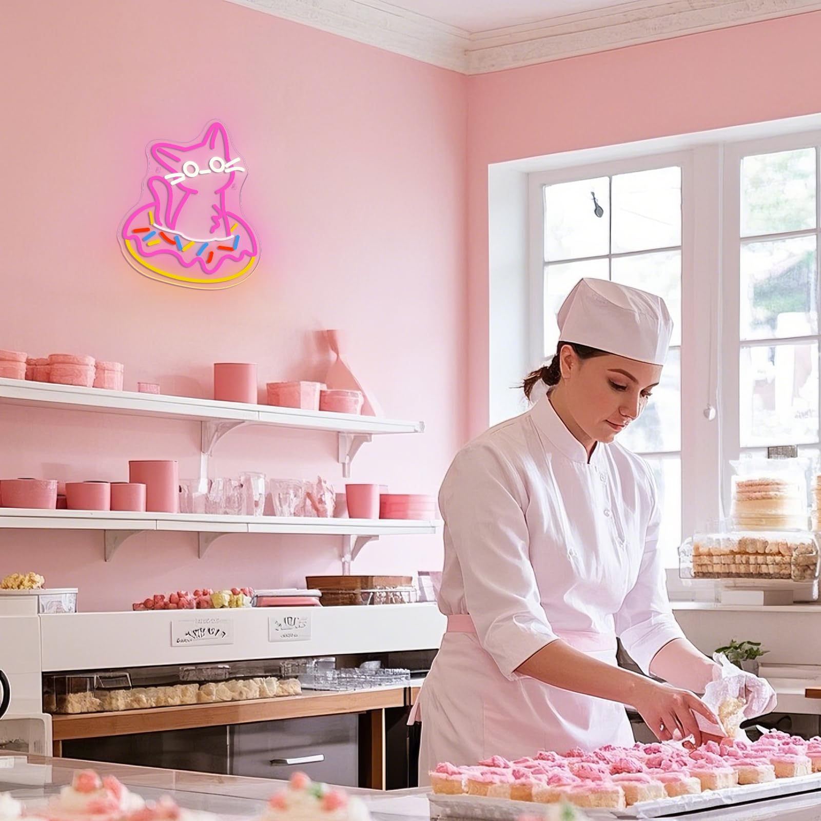 Ineonlife Donut Cat Neon Sign Led Lights Neon Lights For Wall Decor Led Sign For Donut Shop Cat Lover Donut Bakery Snack Shop Classroom Bedroom Cafe Gifts For Teens