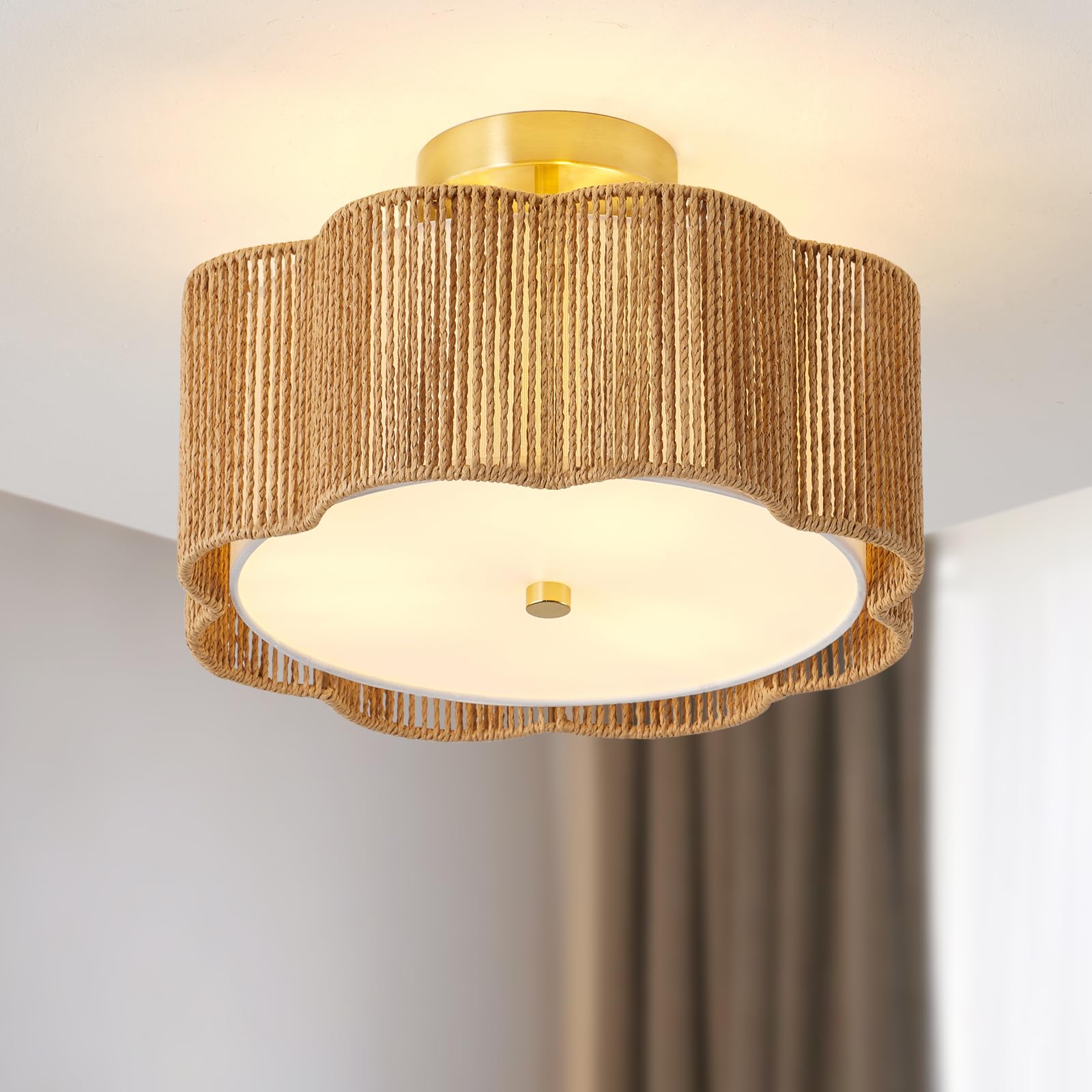 Giutna Rattan Ceiling Light Fixtures Flush Mount,3-Light Boho Light Fixtures Ceiling Mount For Bedroom,Close To Ceiling Light Modern Rattan Chandelier Lighting For Hallway Kitchen Dining Room(Yellow)