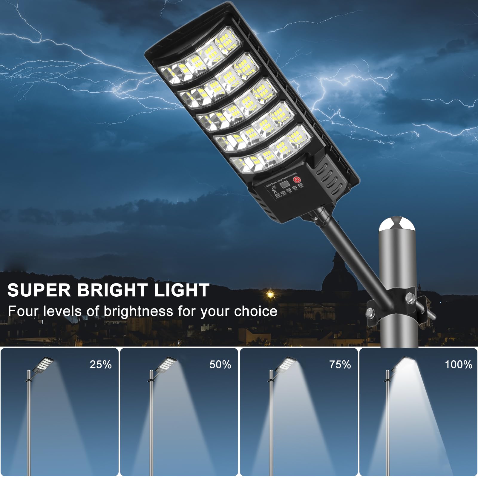 AITERMOND 4-Pack Solar Street Lights, 30000lm, IP66 Waterproof, Motion Sensor, Remote Control, ABS, Black, Model AIT602A