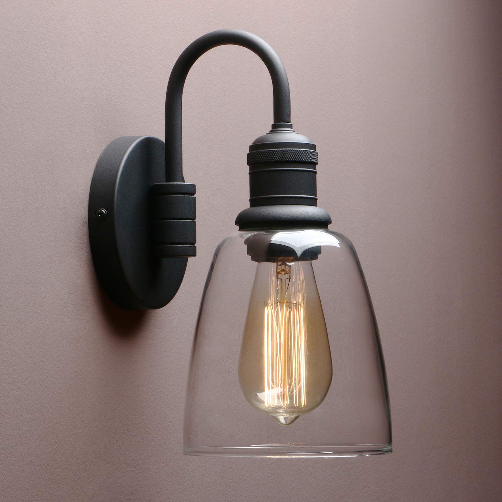 1-Light Vintage Wall Sconce, Yosoan Black Industrial Fixture Light With Elegant Gooseneck Curved Rod, Indoor Clear Glass Shade W