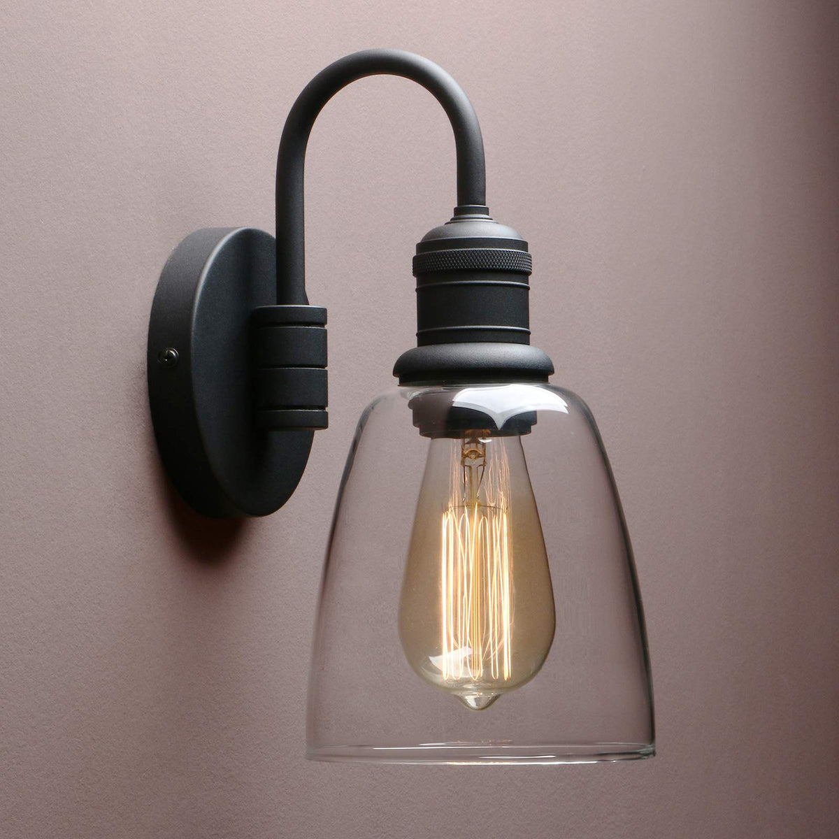 1-Light Vintage Wall Sconce, Yosoan Black Industrial Fixture Light With Elegant Gooseneck Curved Rod, Indoor Clear Glass Shade W