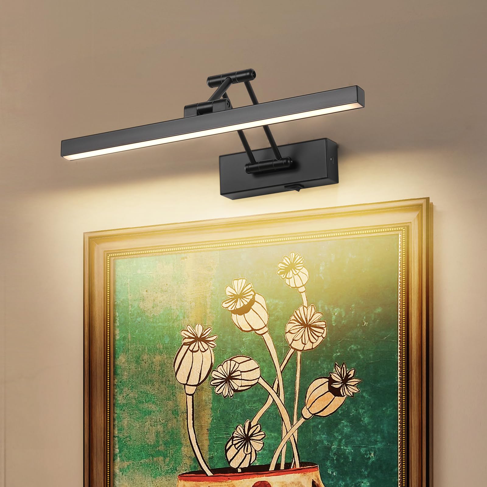 Pasoar Picture Light Battery Operated 15.7' Inch Long Rechargeable Wall Sconce Dimmable Led Library Light With Swing Arm And Timer Function Cordless Wall Light Indoor Black Color