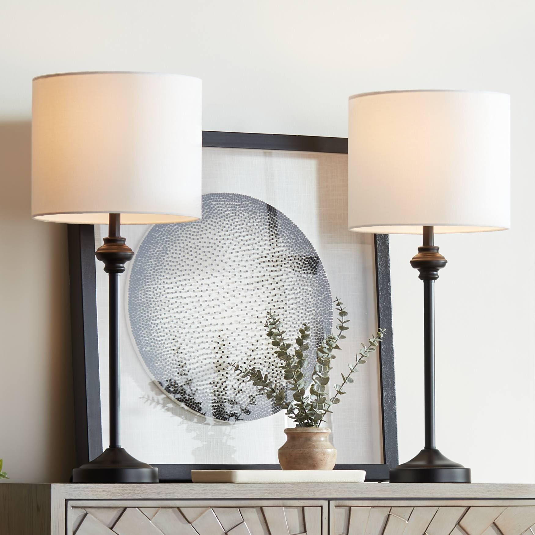 360 Lighting Lynn 26'' Tall Skinny Buffet Modern Table Lamps Set Of 2 Black Metal Fabric White Shade Living Room Bedroom Bedside