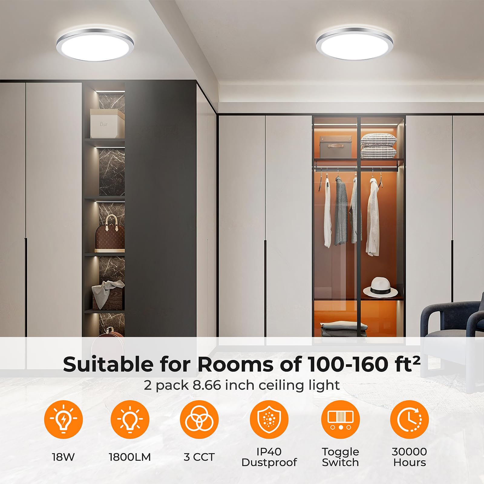 BLNAN LED Flush Mount Ceiling Light Fixture, 9 Inch, 3000K/4000K/5000K, Silver, Model LS-CL-G18W-Dim, 2