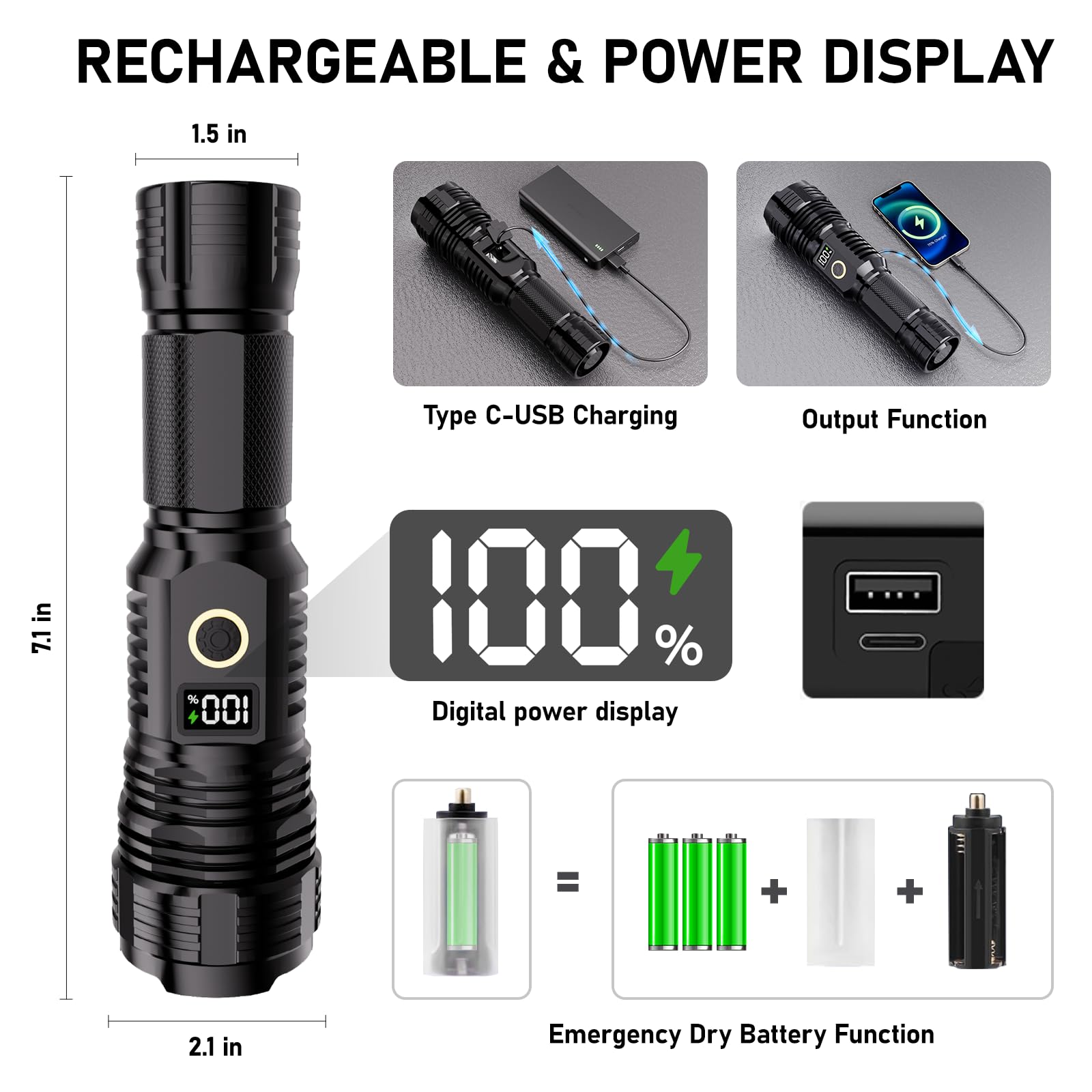 CHILDBOT High Lumens Rechargeable Flashlight, 990000LM, Zoomable, Waterproof, Aluminum, Black, Model Y1915C