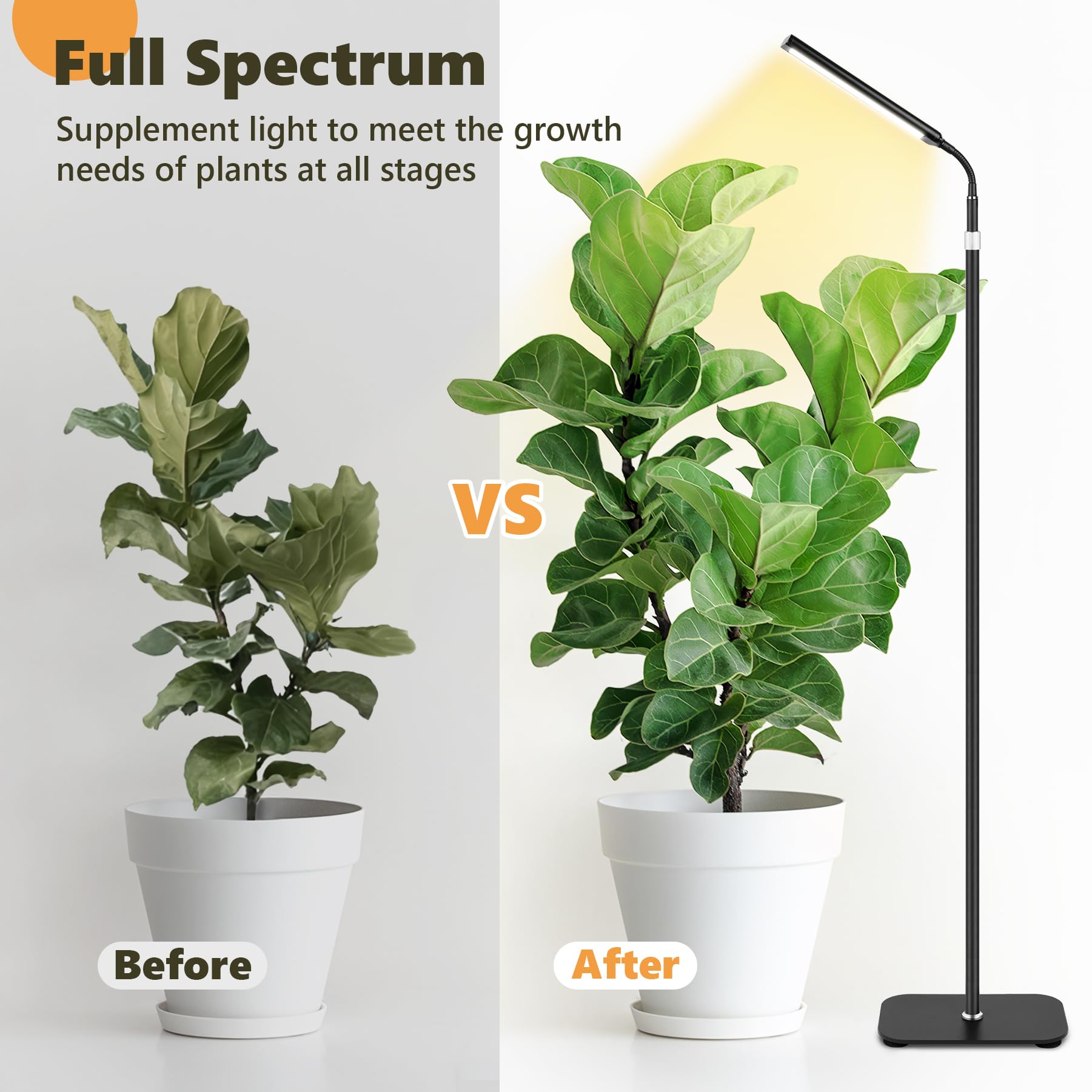 Grow Lights For Indoor Plants Full Spectrum With Extendable Stand, 31.5-63 &quot; Height Adjustable, Aluminum Floor Plant Light For Indoor Growing, Auto On/Off Timer, Flexible Gooseneck, 10-Level Dimmable