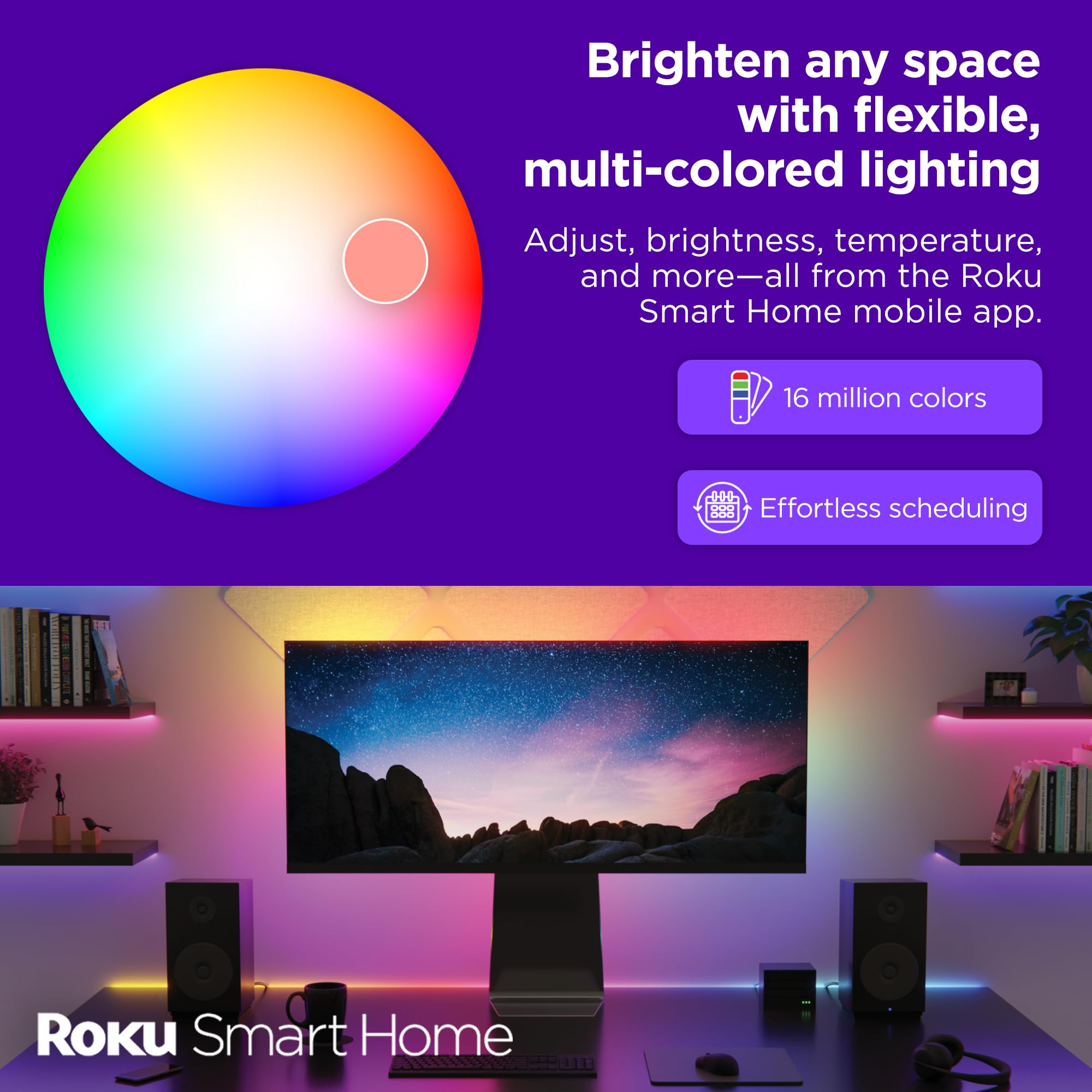 Roku Smart Led Light Strip+, 32.8Ft - Color Options With Adjustable Brightness & Temperature - Peel & Stick Wifi Smart Strip Lights Works Voice, Alexa & Google Assistant - Smart Home Product