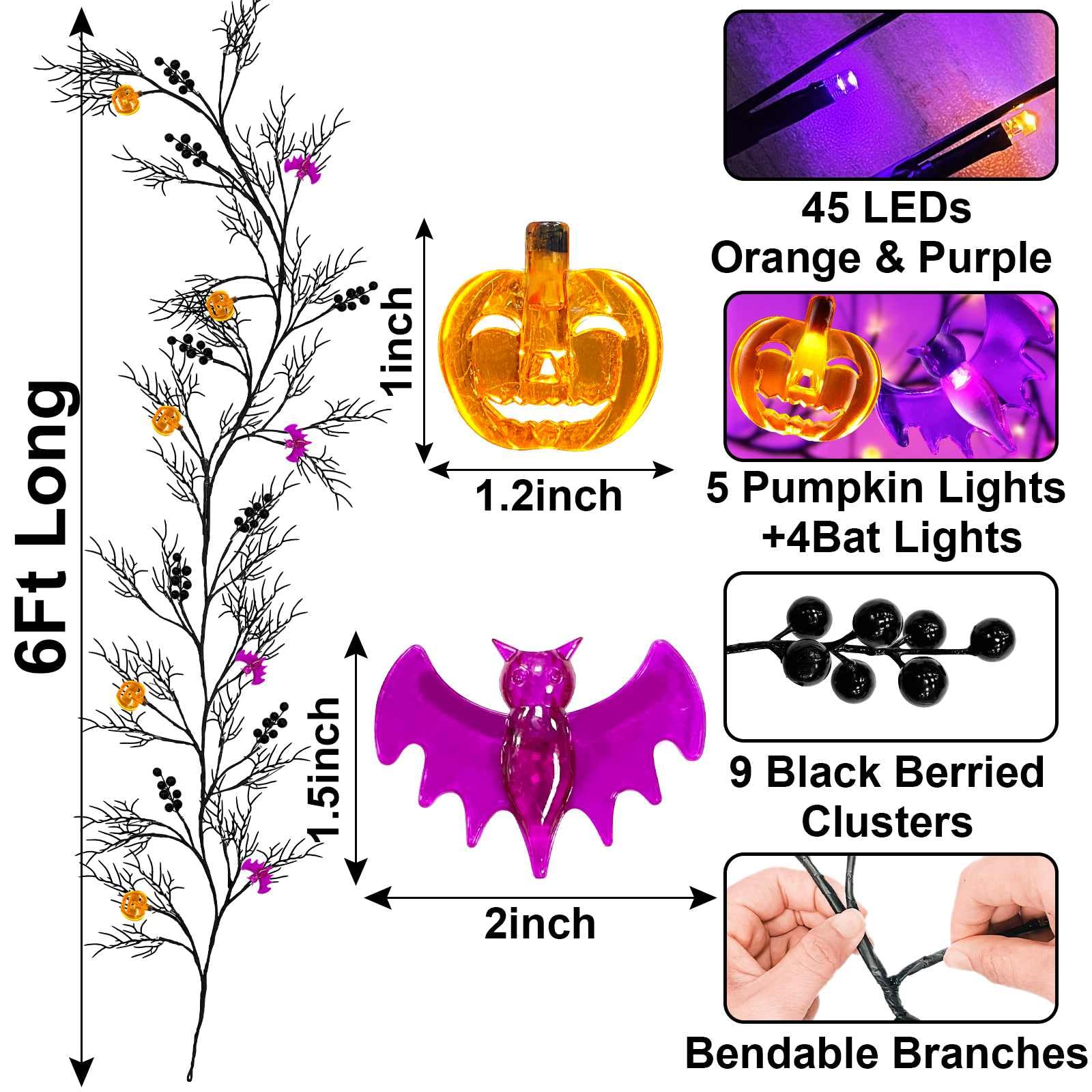 Halloween Decorations,Halloween Garland With Purple & Orange Lights 8 Modes Timer, Remote Control 6 Ft 54 Leds Halloween Artificial Willow Vine Twig Pumpkins Bats Hanging Home Wall Fireplace Indoor