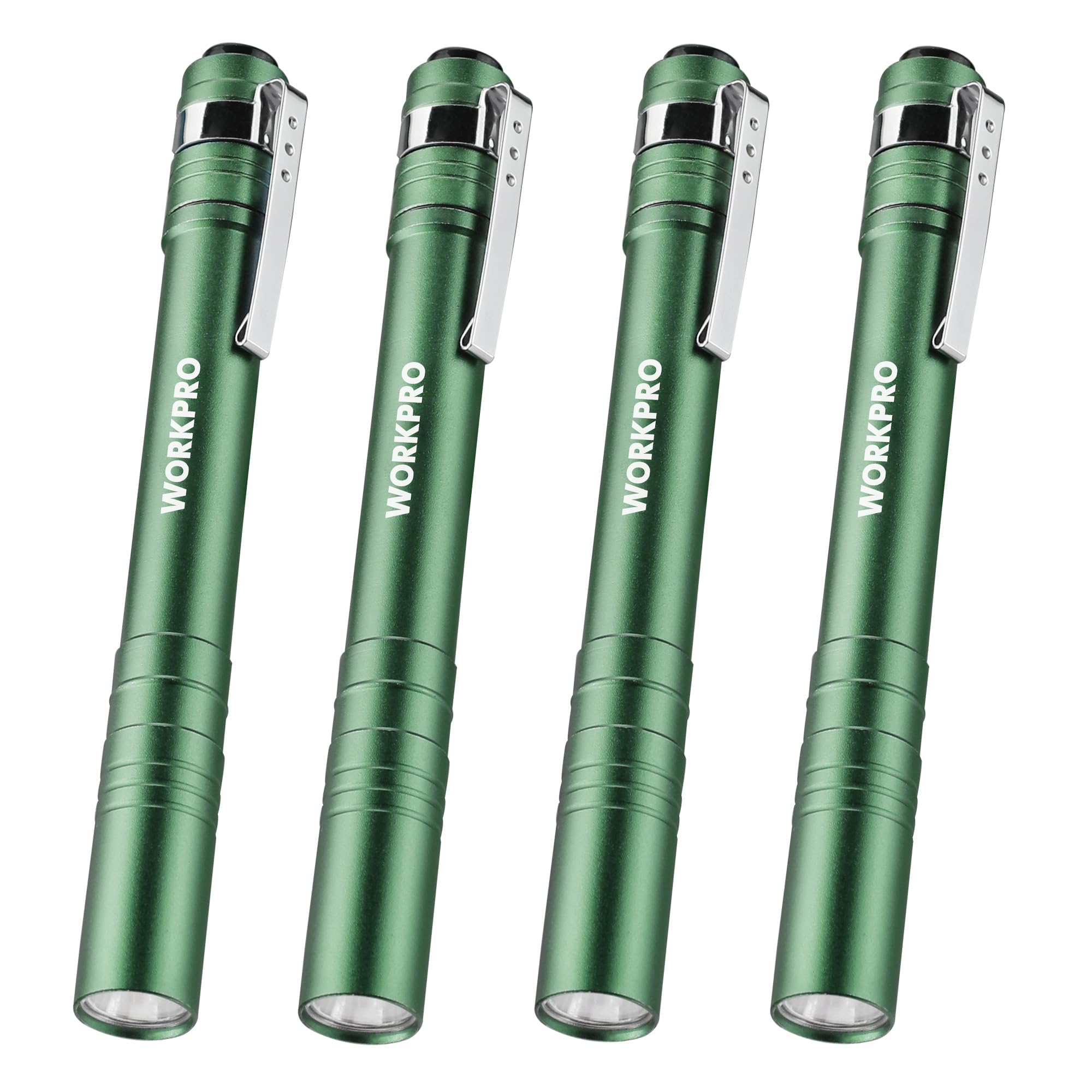 WORKPRO LED Pen Light, Aluminum Pen Flashlights, Pocket Flashlight with Clip for Inspection, Emergency, Everyday, 2AAA Batteries Include, Green(4-Pack)