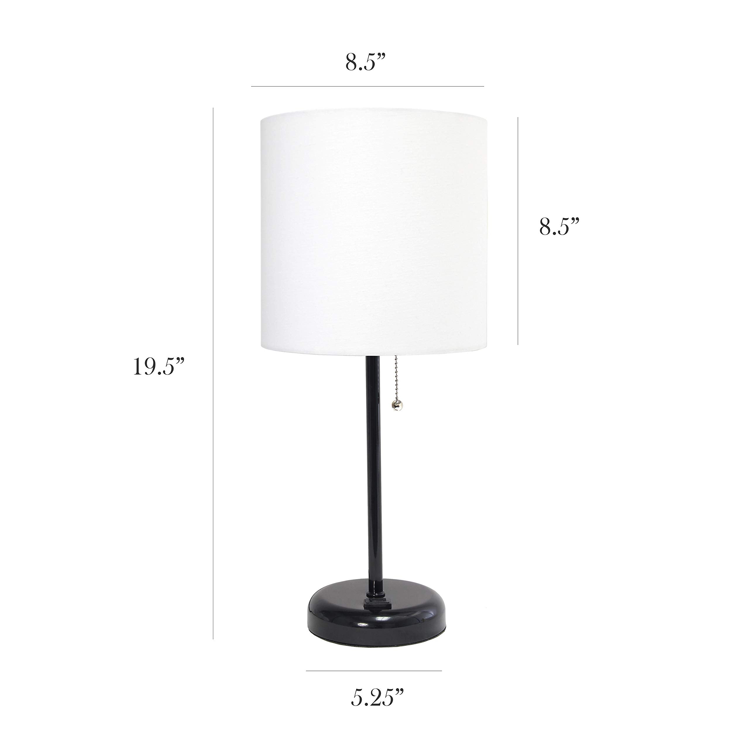 Simple Designs Lt2024-Baw Black Stick Table Desk Lamp With Charging Outlet And Drum Fabric Shade, White