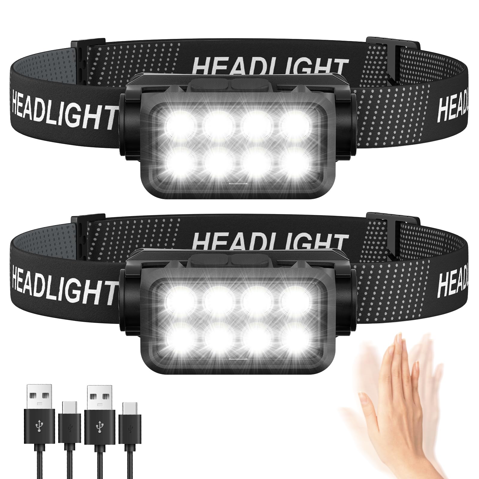 Rechargeable Headlamp Flashlight 2-Pack, 8 Led 2500 Lumen Ultra-Light Bright Headlight With Motion Sensor, Waterproof Lightweigh