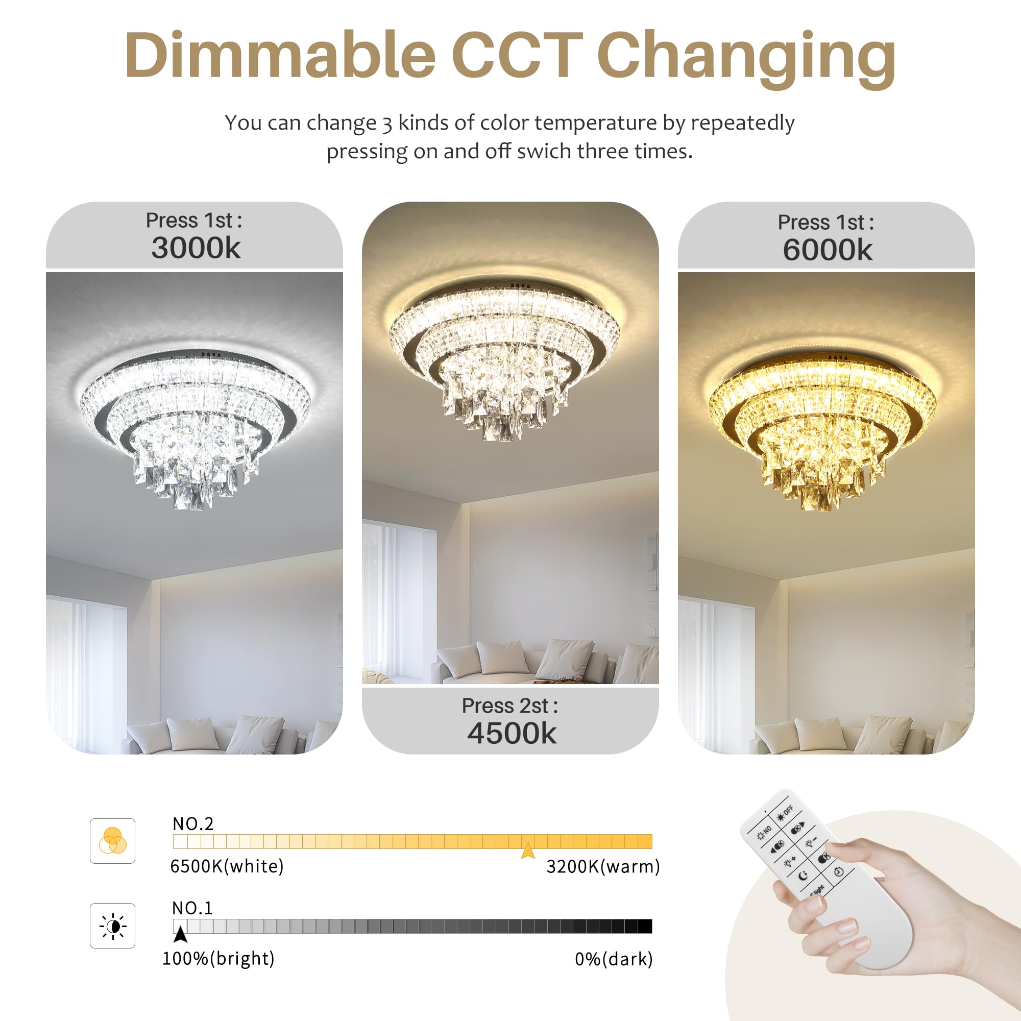 COCOSTAR 18 inch LED Crystal Flush Mount Chandelier, Dimmable Raindrop Light Fixture, Silver, Model A401-18in for Living Room and Bedroom