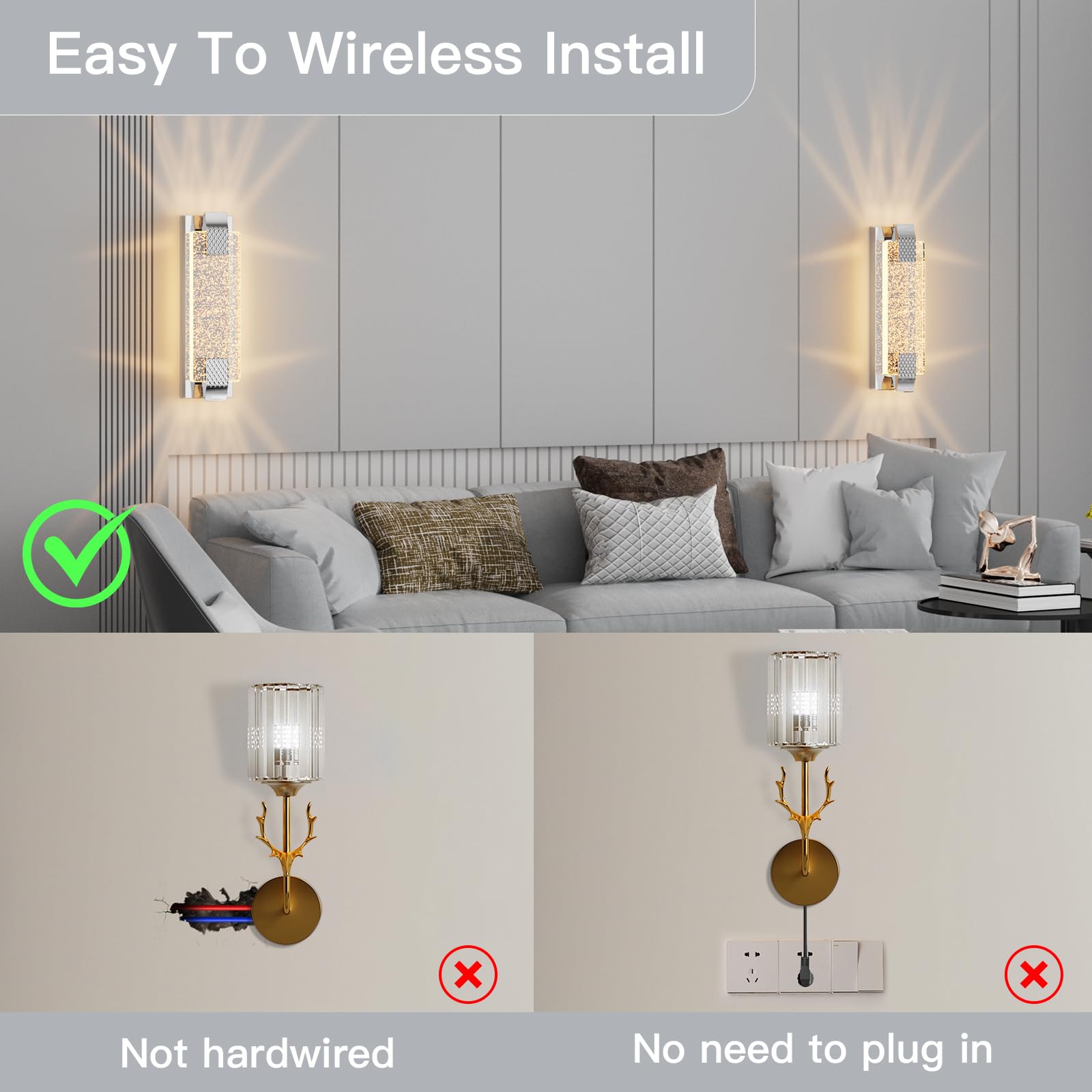 camuucci Rechargeable Wall Sconce - Dimmable 12000mAh Light, Silver, 15.2 Inches, Model SNCD, Remote Control for Bedroom & Living Room