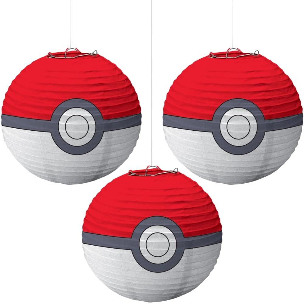 Amscan Pokemon Ball Paper Party Lanterns - 9.5'' H | Red & White | Pack Of 3
