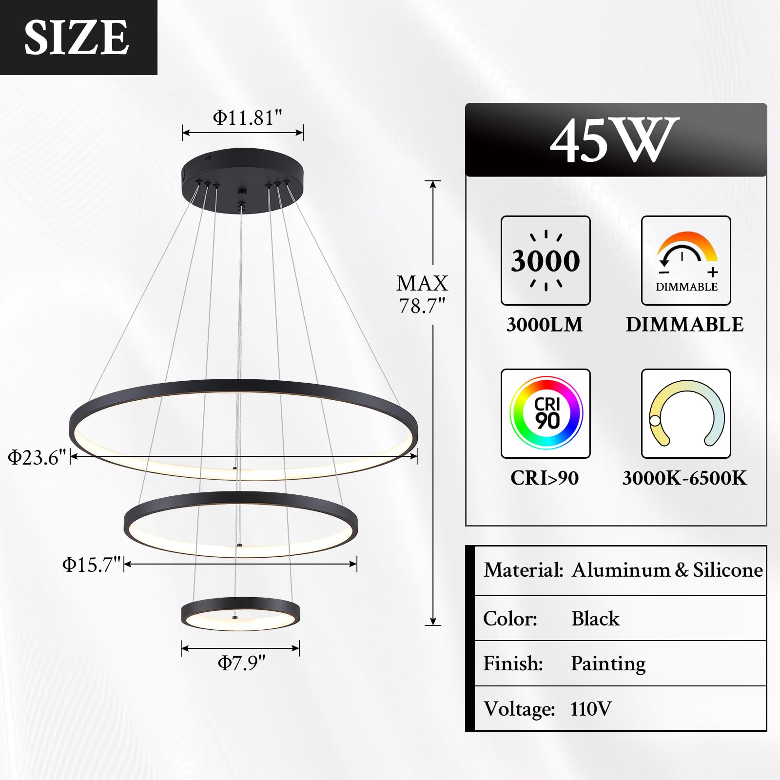Sparklelf LED Chandelier, 3 Ring Dimmable Round Pendant Light, 23.6inch, Black, Model SE-P16-3BDC1