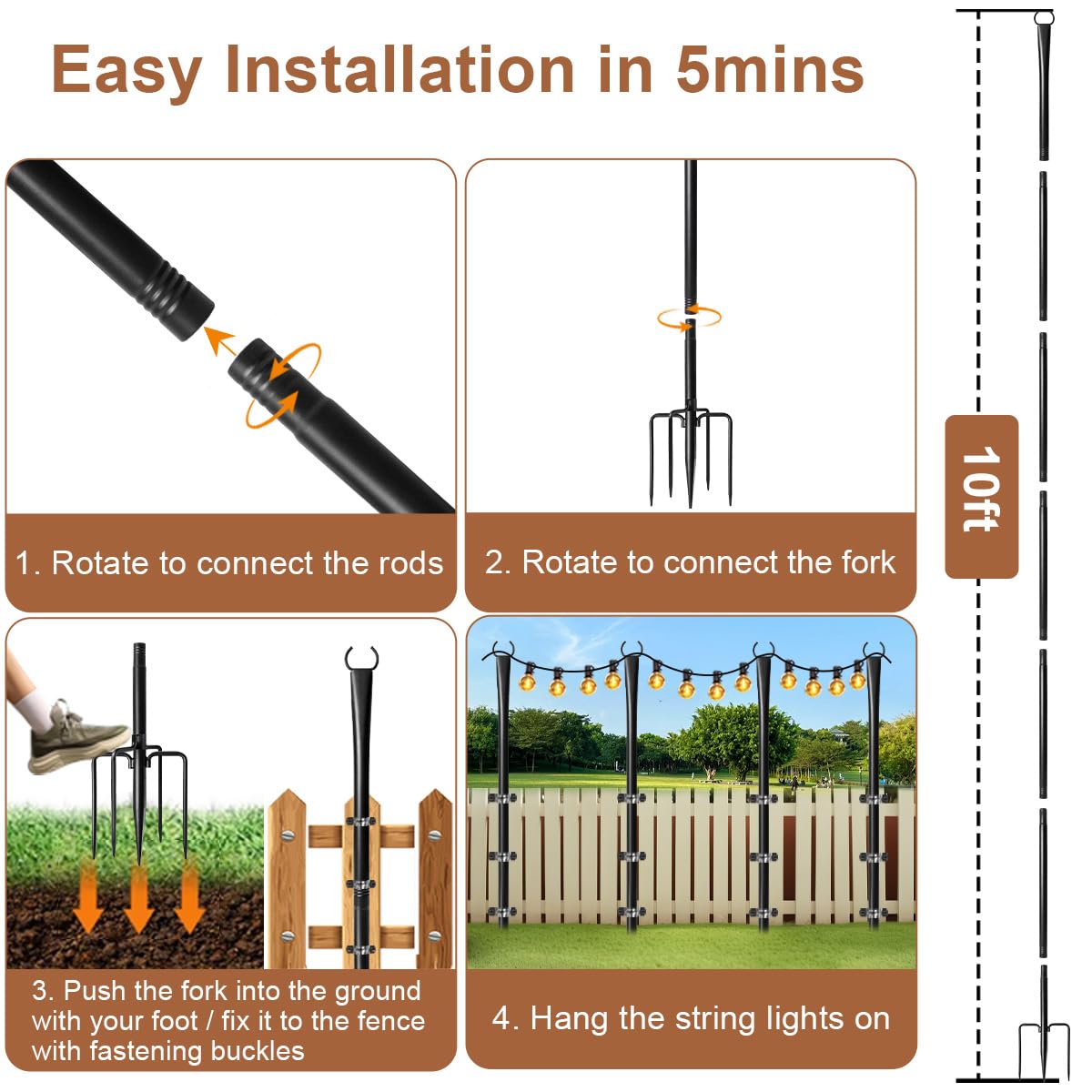 Nexillumi 4 Pack Black Heavy-Duty Metal String Light Poles, 10ft Adjustable Lighting Stands for Outdoor Patio, Garden, Deck Decor