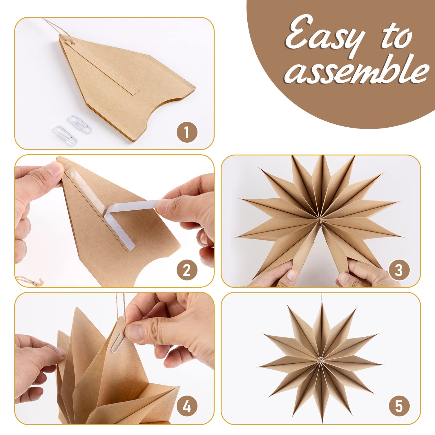 Sunbeauty 3 Pcs 12-Pointed Brown Paper Star Lanterns 12 Inch Christmas Hanging Lamp Rustic Paper Decorations Shade Wedding Birth