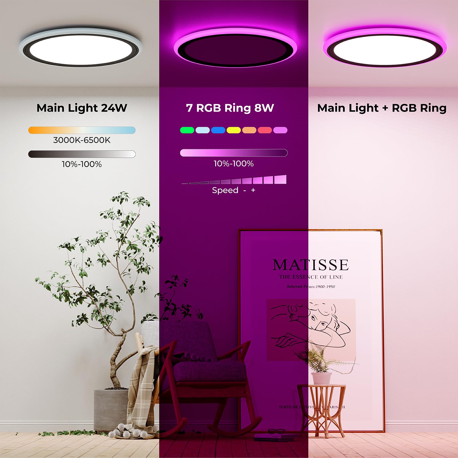 BLNAN RGB LED Ceiling Light with Remote Control, 24W 2400LM, 13 Inch, Dimmable Color Changing, Black