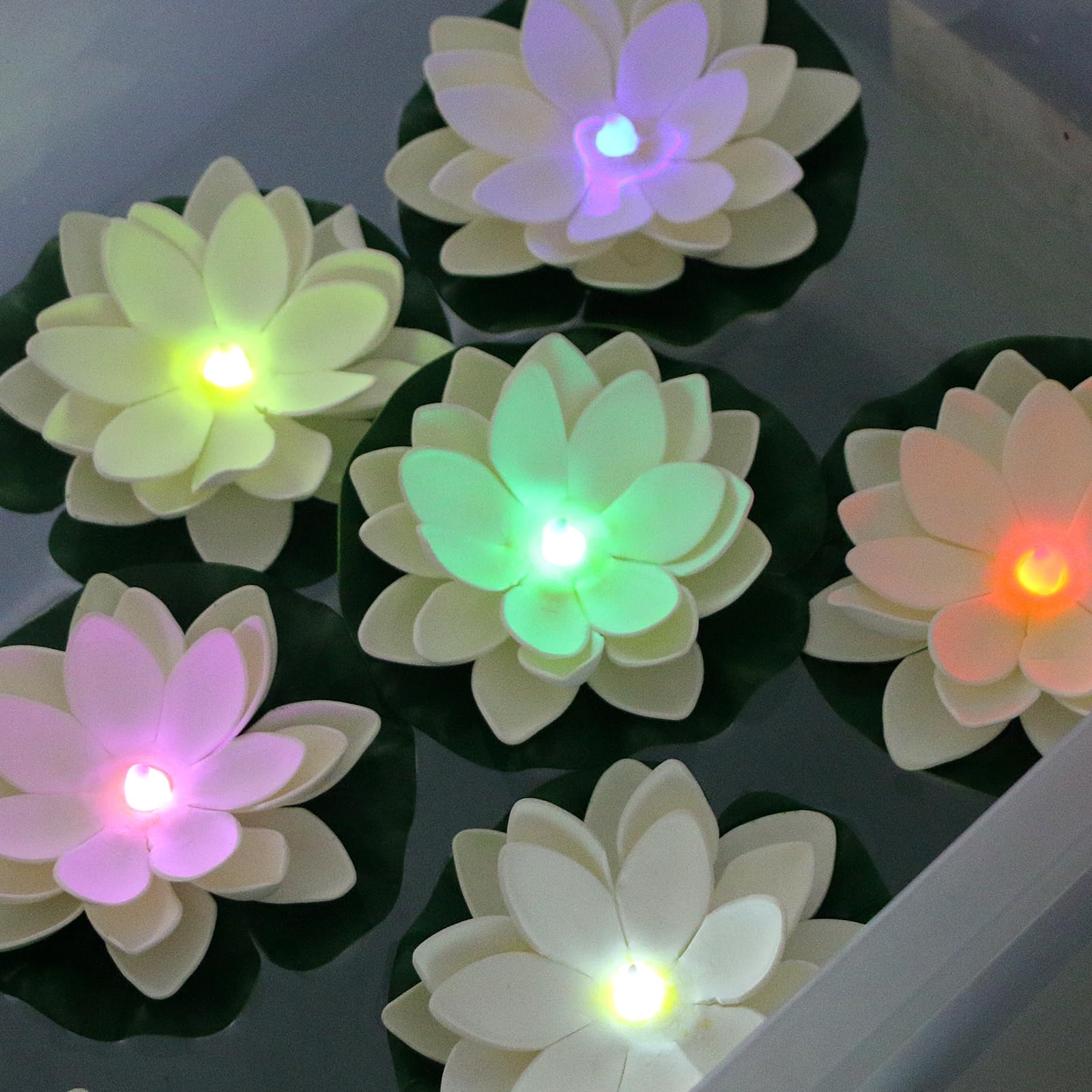 Lacgo 12 Pcs Floating Lotus Lights - Artificial Led Lotus Waterproof Battery Operated Water Activated Color Changing Fake Lily Pad Lights For Pool Pond Lantern Garden Outdoor Decor