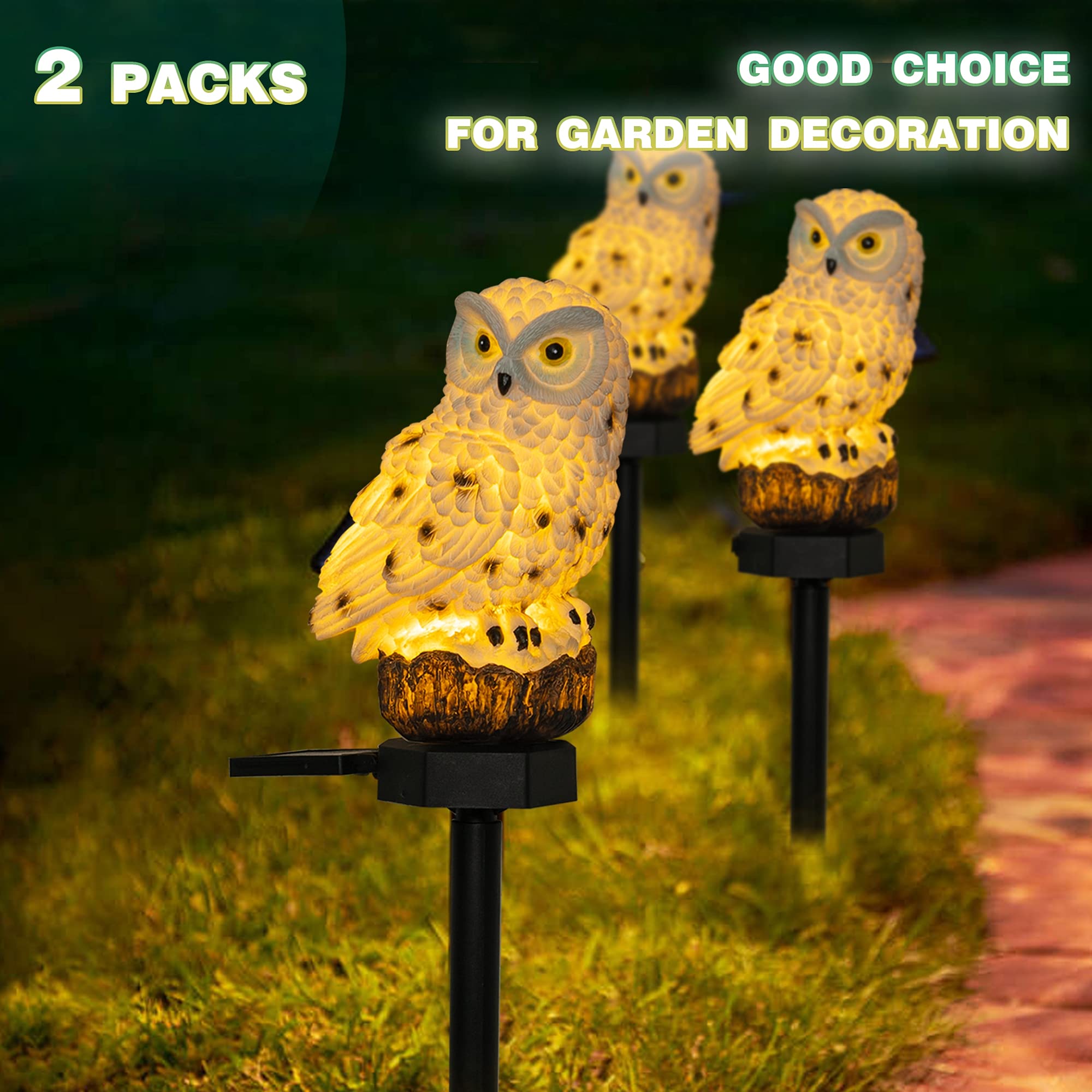 Dazzle Bright Owl Figure Solar LED Lights, 2 Pack, White Resin Garden Decorations for Outdoor Yard, Waterproof Stake, Gifts for Owl Lovers
