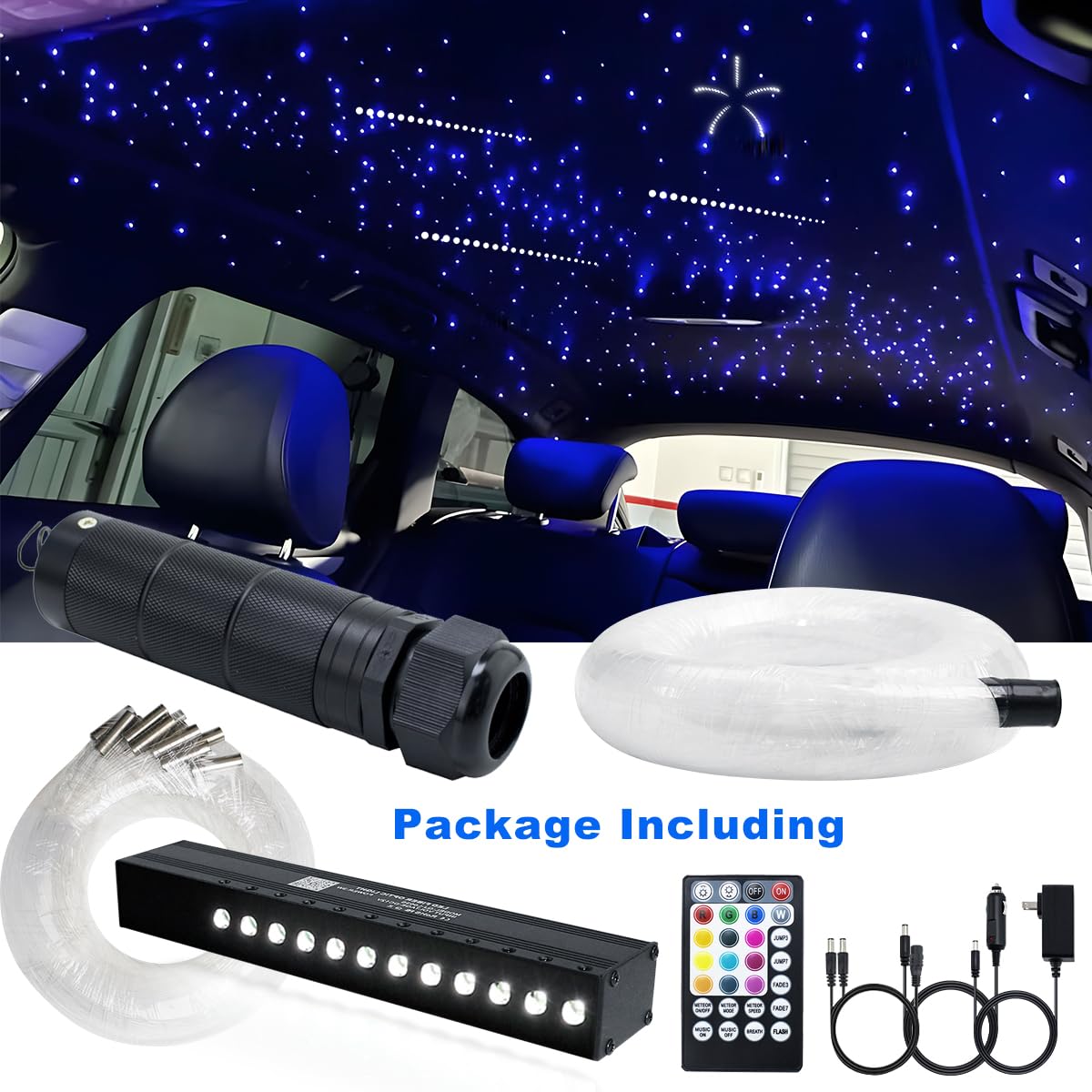 AZIMOM RGBW Fiber Optic Meteor Ceiling Light Kit, 450pcs, 0.03in x 9.8ft, Sound Activated, Bluetooth/APP Remote, Black, Model C